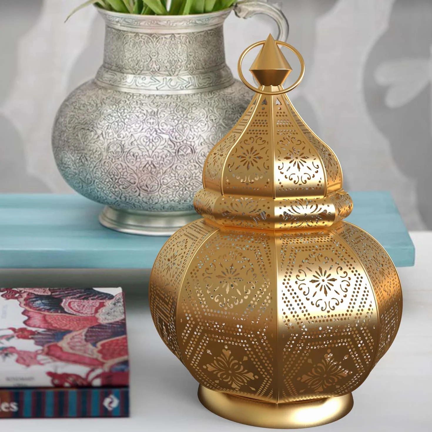 Orientalna latarnia z metalu, maha złota, 28 cm, orientalny marokański lampion ogrodowy, marokański metalowy lampion do użytku na zewnątrz jako latarnia ogrodowa lub wewnątrz jako latarnia stołowa