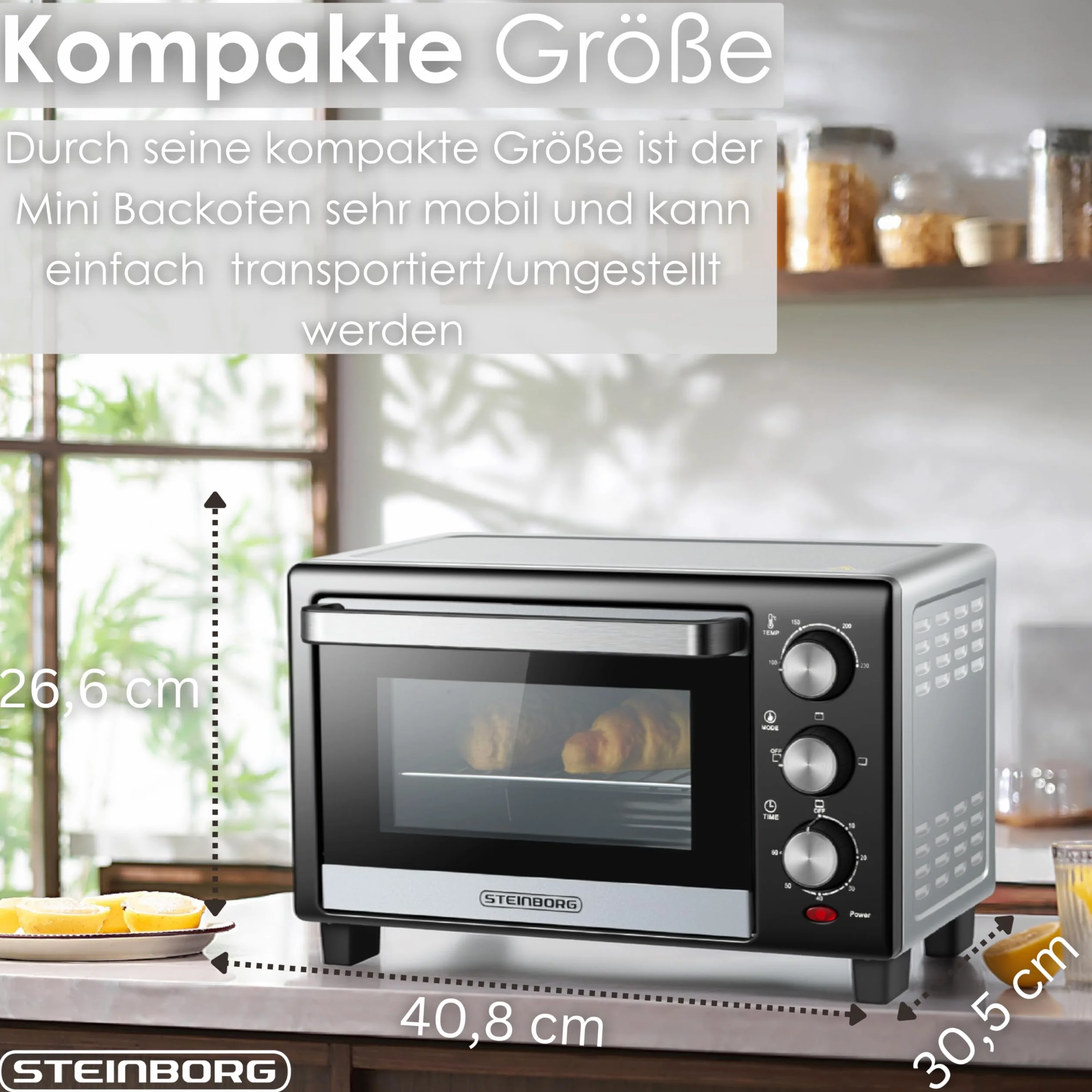 STEInBORG Mini piekarnik 15 l, piec do pizzy 3 w 1, mini piekarnik, blacha na okruchy, ogrzewanie górne/dolne, energooszczędny 60 min. timer