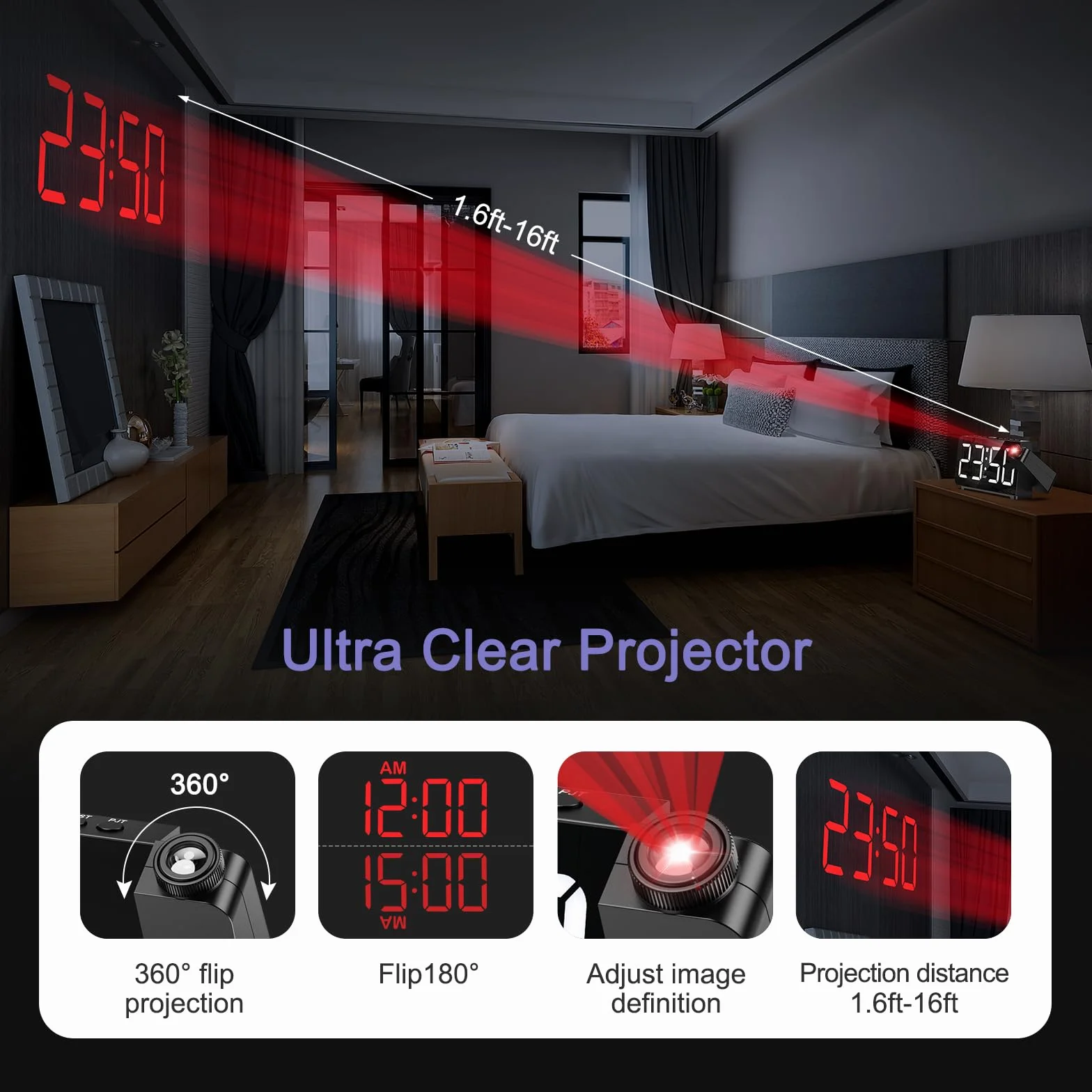 Budzik z projekcją, 7,4" LED, cyfrowy projektor 180°, 3-stopniowa regulacja jasności i ogniskowej, 5 poziomów jasności i 3 głośności, budzik projekcyjny 12/24 h, DST, drzemka