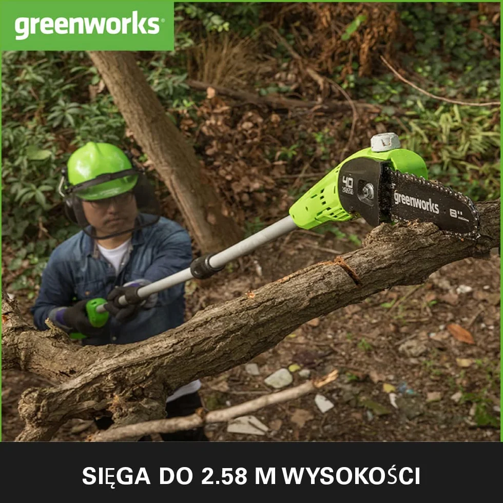 Greenworks G40PSF Akumulatorowa Pilarka na Wysięgniku, Ostrze 20cm, Szybkość Cięcia 8m/s, 3,64kg, Automatyczna Olejarka, Zbiornik Oleju 80ml, Zasięg 2.58m BEZ Baterii 40V i Ładowarki