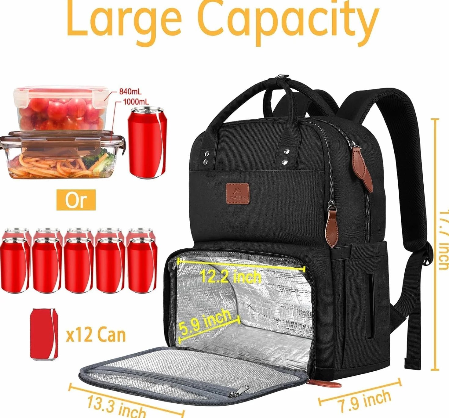 MATEIN Plecak na laptopa na lunch, plecak piknikowy z kieszenią na laptopa, plecak dla mężczyzn i kobiet z portem USB, izolowana torba chłodząca na lunch, na kemping, podróż, do szkoły, pracy, czarny