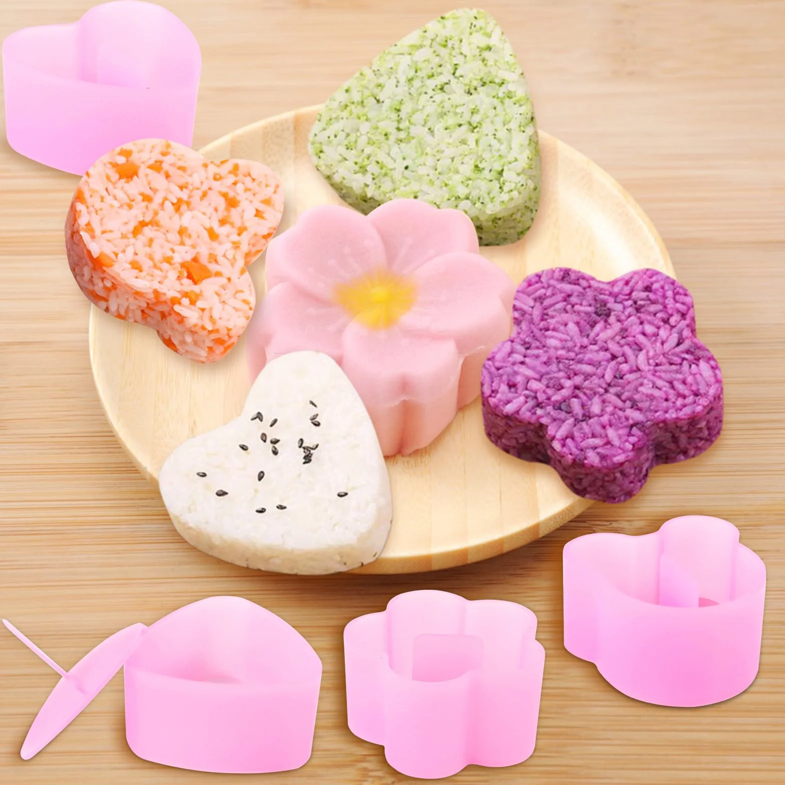 AKONE Foremka do Sushi Onigiri - Trójkątna Prasa do Robienia Kulek Ryżowych, 4 Sztuki z Szpatułką, Akcesoria DIY