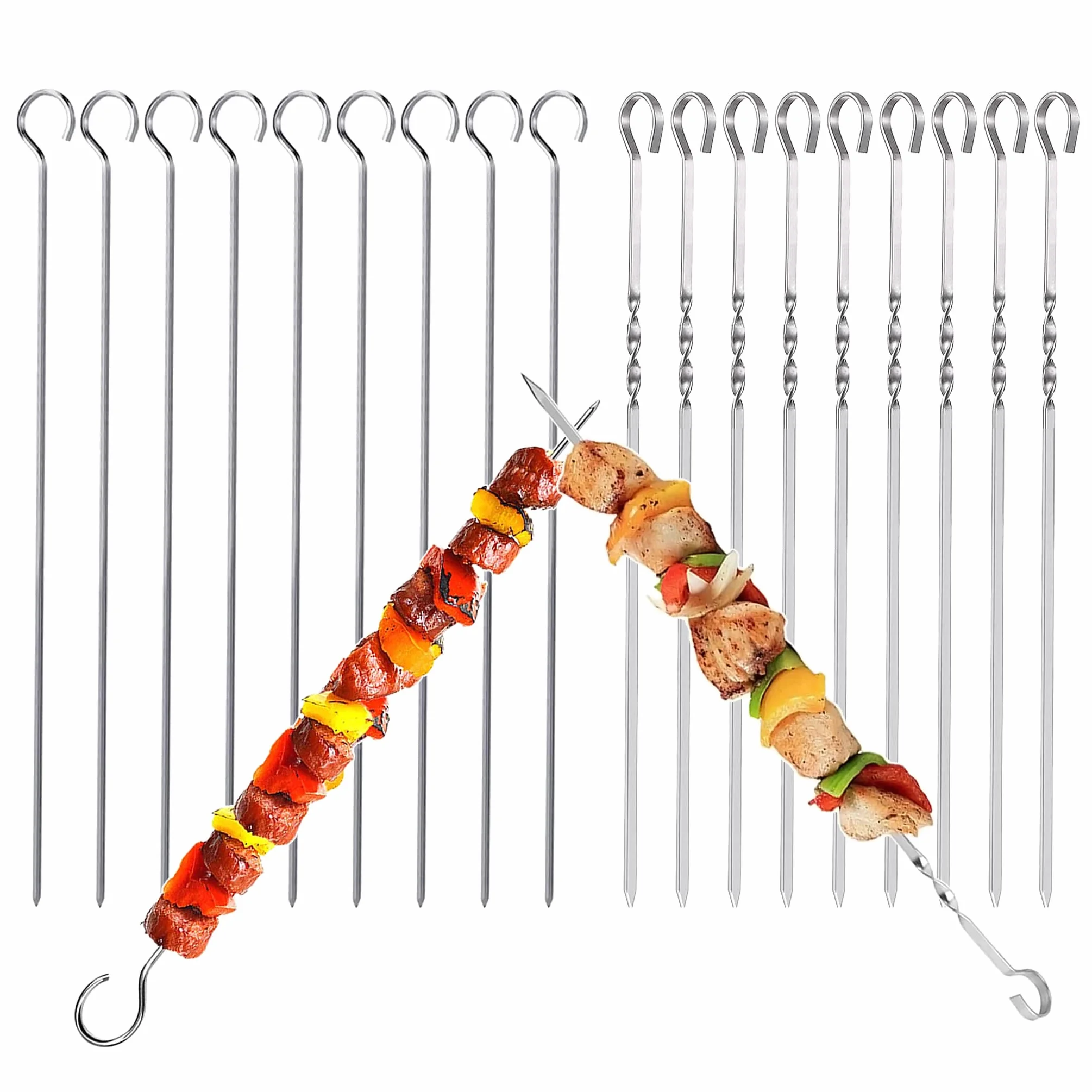 Szaszłyki do grilla ze stali nierdzewnej, 20 sztuk szpikulców do szaszłyków, 30 cm, srebrne, akcesoria do grilla