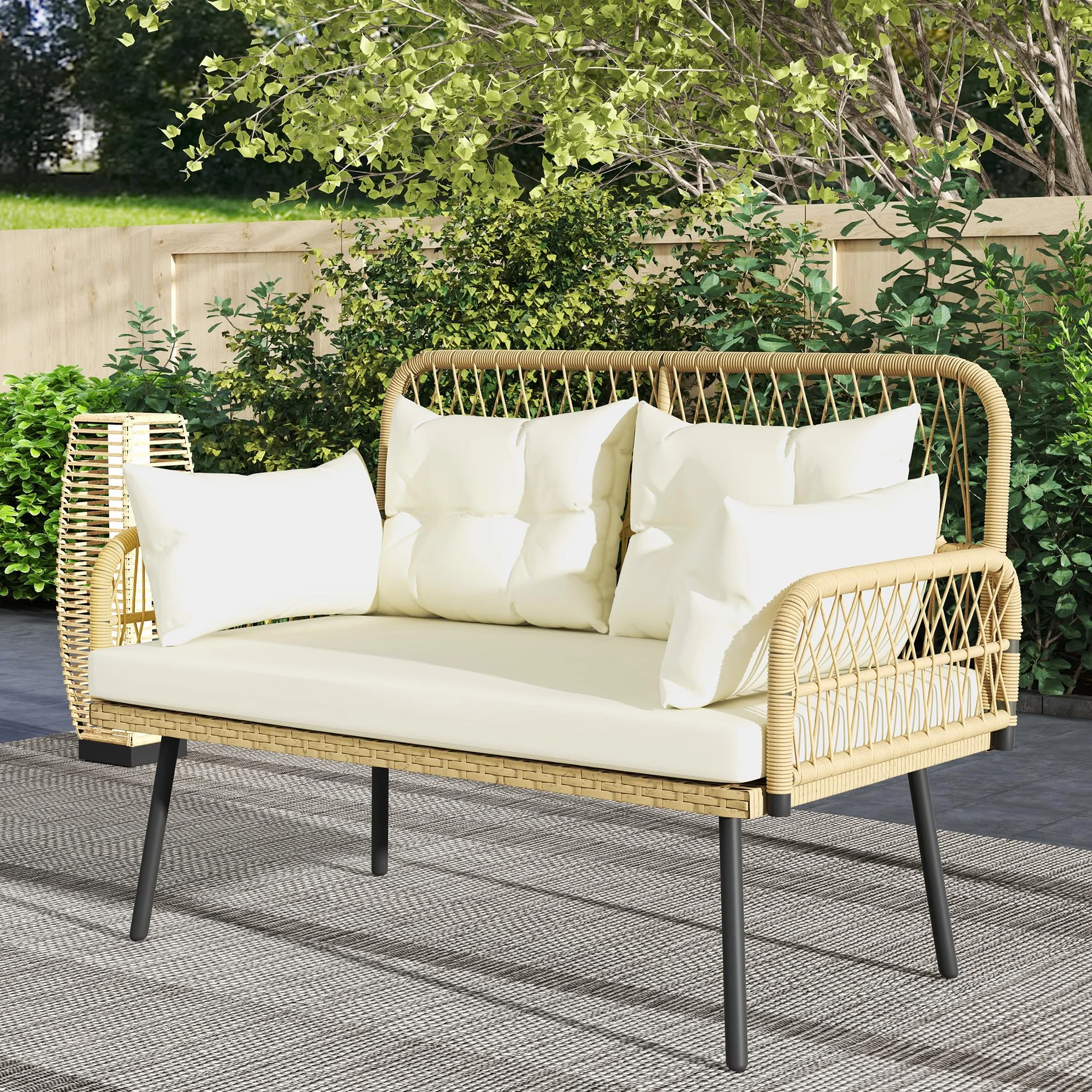 Outsunny Sofa Ogrodowa z Poduszkami 2-osobowa Sofa Balkonowa Rattanowa Sofa Polirattan Meble Ogrodowe 115 x 61 x 82 cm Naturalne Drewno