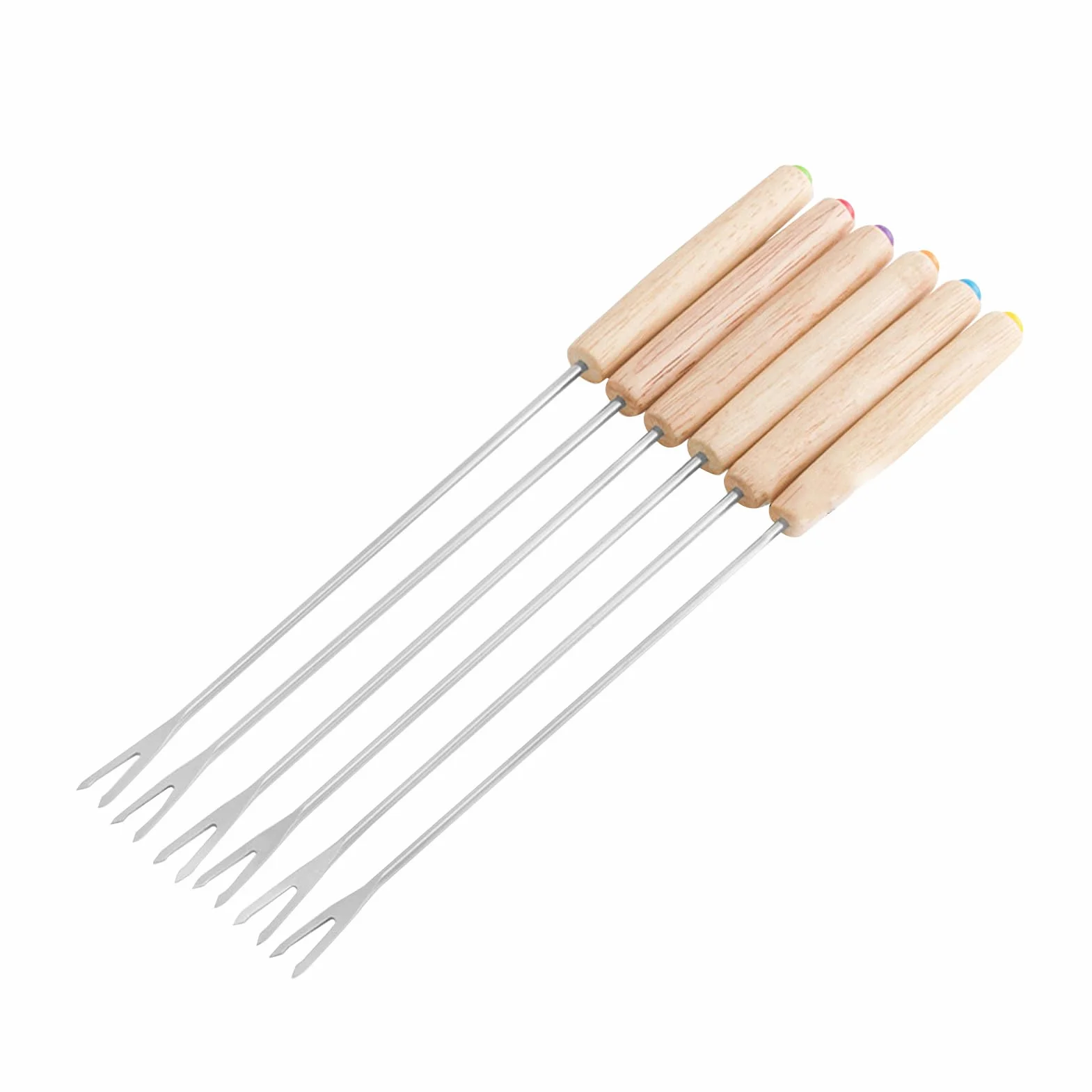 Widelce do Fondue ze Stali Nierdzewnej, Opakowanie 6 szt., Szaszłyki do Fondue Wielokrotnego Użytku, Drewniana Rączka, Idealne do Fondue Czekoladowo-serowego, Pikniki, Kemping