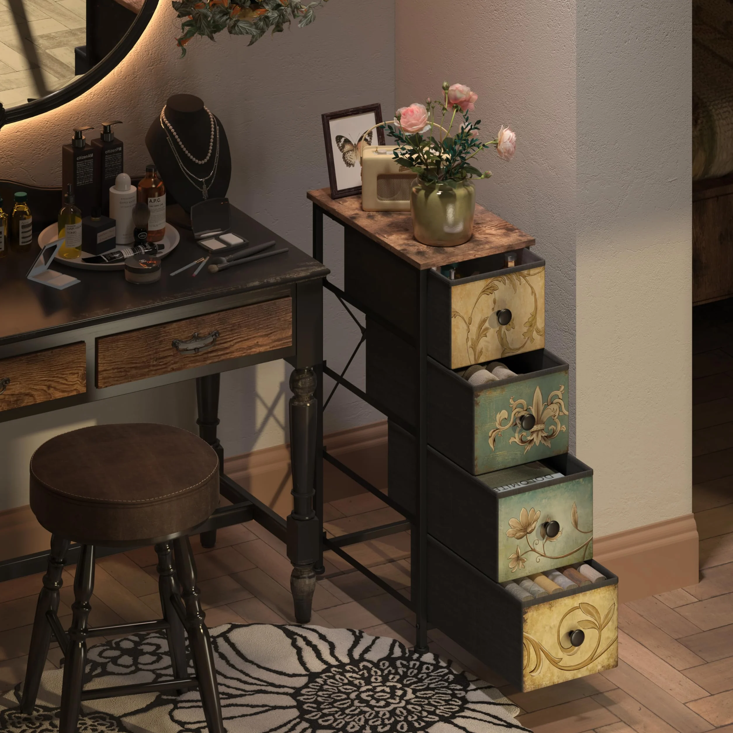 VEDECASA Wąska komoda z 4 szufladami z materiału, toaletka boho, szafka z szufladami, do sypialni, salonu, korytarza, wykonana z metalowej ramy, materiału drewnopochodnego, vintage