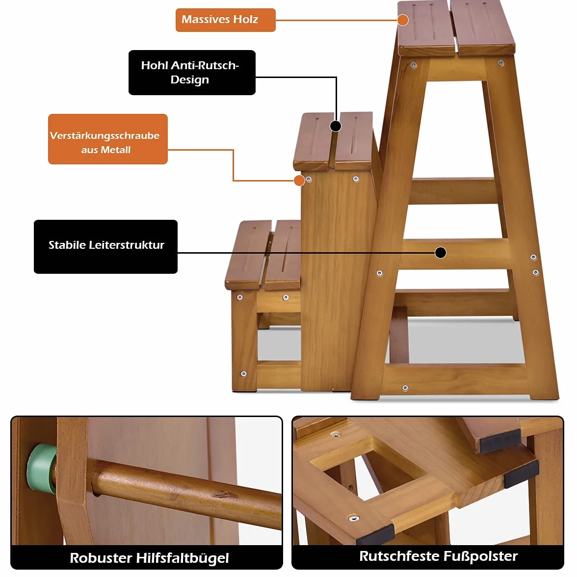 COSTWAY Drabinka taboret, 3 stopnie, krzesło drabinowe, składane krzesło do 150 kg, wysokość 66 cm, drabina z litego drewna, drabina do gospodarstwa domowego, pomoc przy wchodzeniu dla konia (natur)