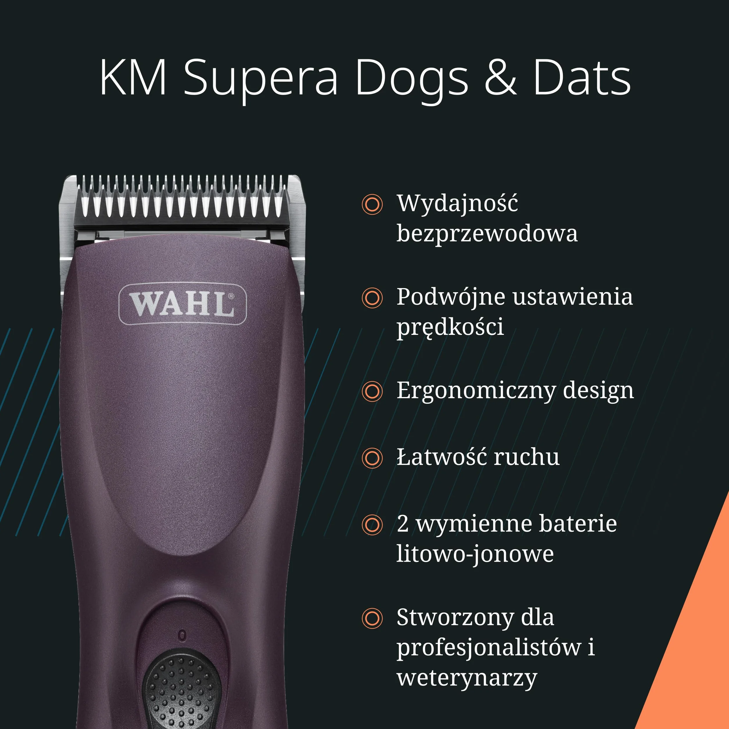 Wahl KM Supera Cordless Pet Clipper 2 wymienne baterie ustawienia wysokiej prędkości