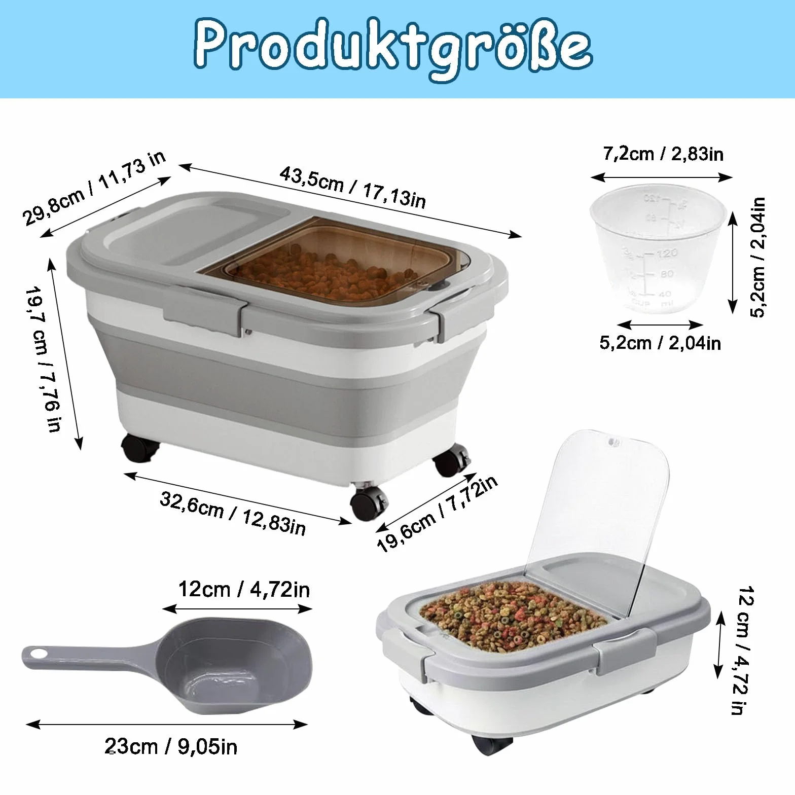 Składany pojemnik na karmę dla psów 8-10 kg z miarką i łyżką, na rolkach