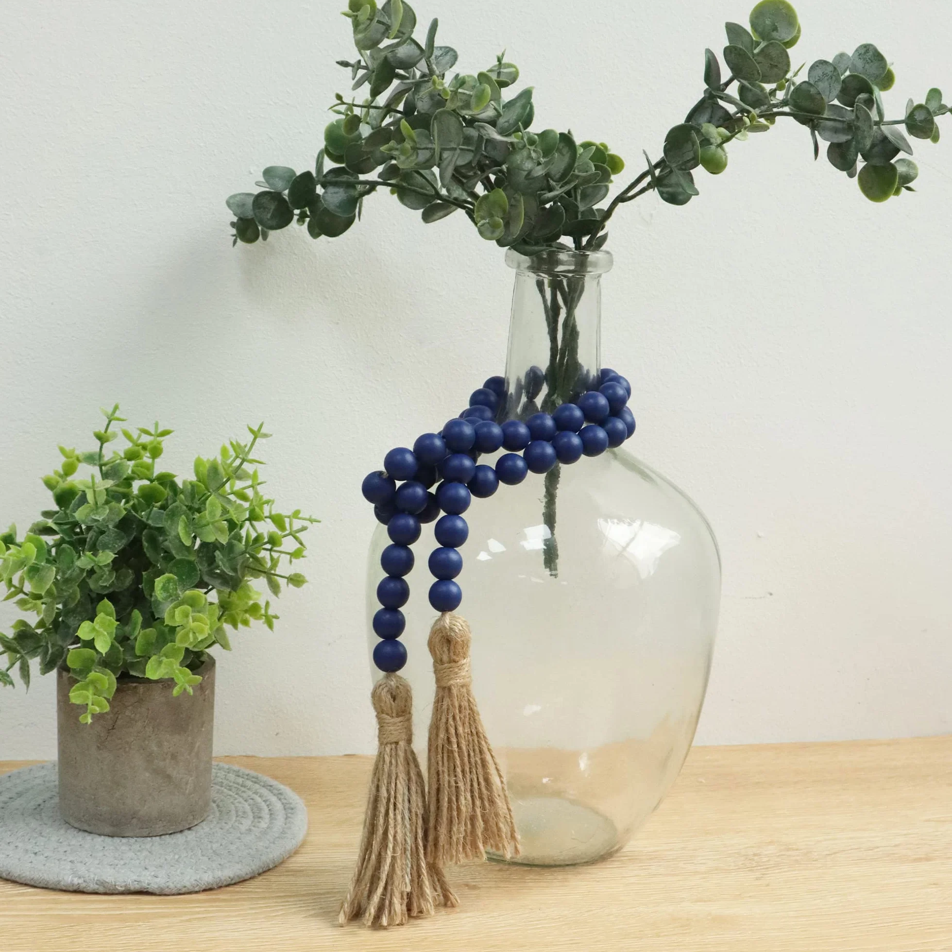Meplait Girlanda z drewnianymi koralikami z frędzlami, rustykalna dekoracja, koraliki modlitewne, boho, girlanda, wisząca dekoracja domu, 99 cm, granatowa