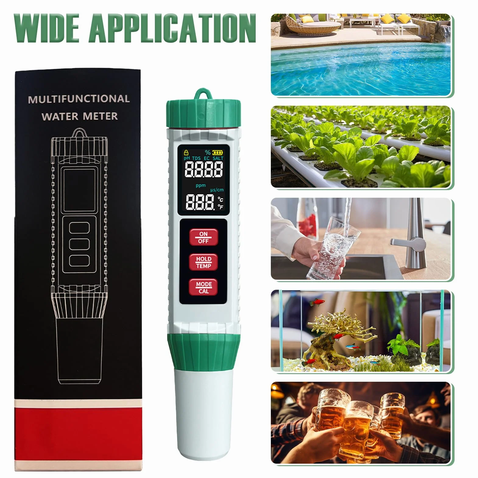 Miernik pH wody, 5 w 1 PH EC TDS zasolenie temperatura, cyfrowy tester basenu o wysokiej precyzji z wyświetlaczem LCD, miernik pH do wody pitnej, basenu, akwariów, hydroponiki i testów płynów