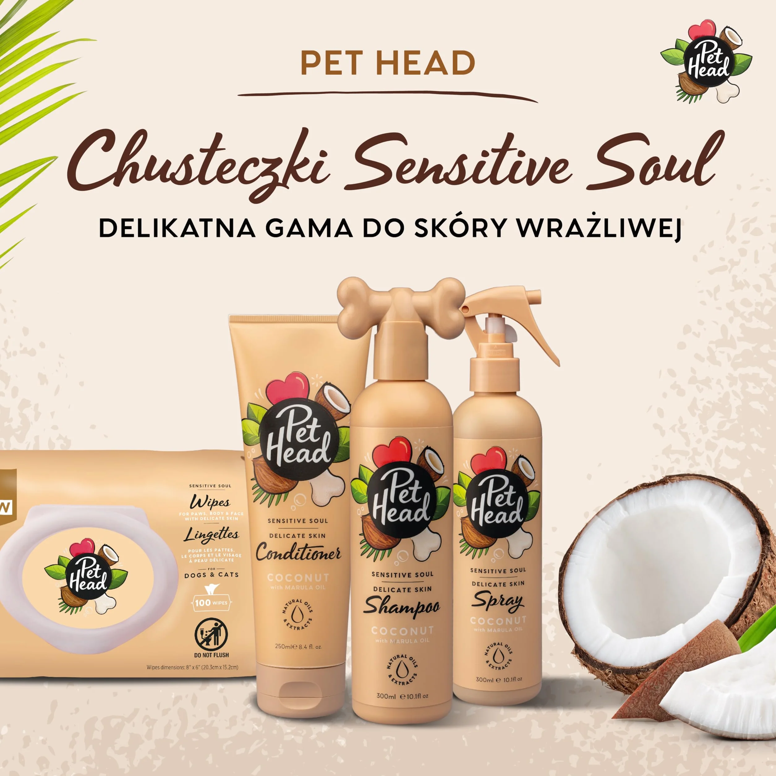 Pet Head Chusteczki nawilżane dla psów i kotów Sensitive Soul 100 szt Biodegradowalne