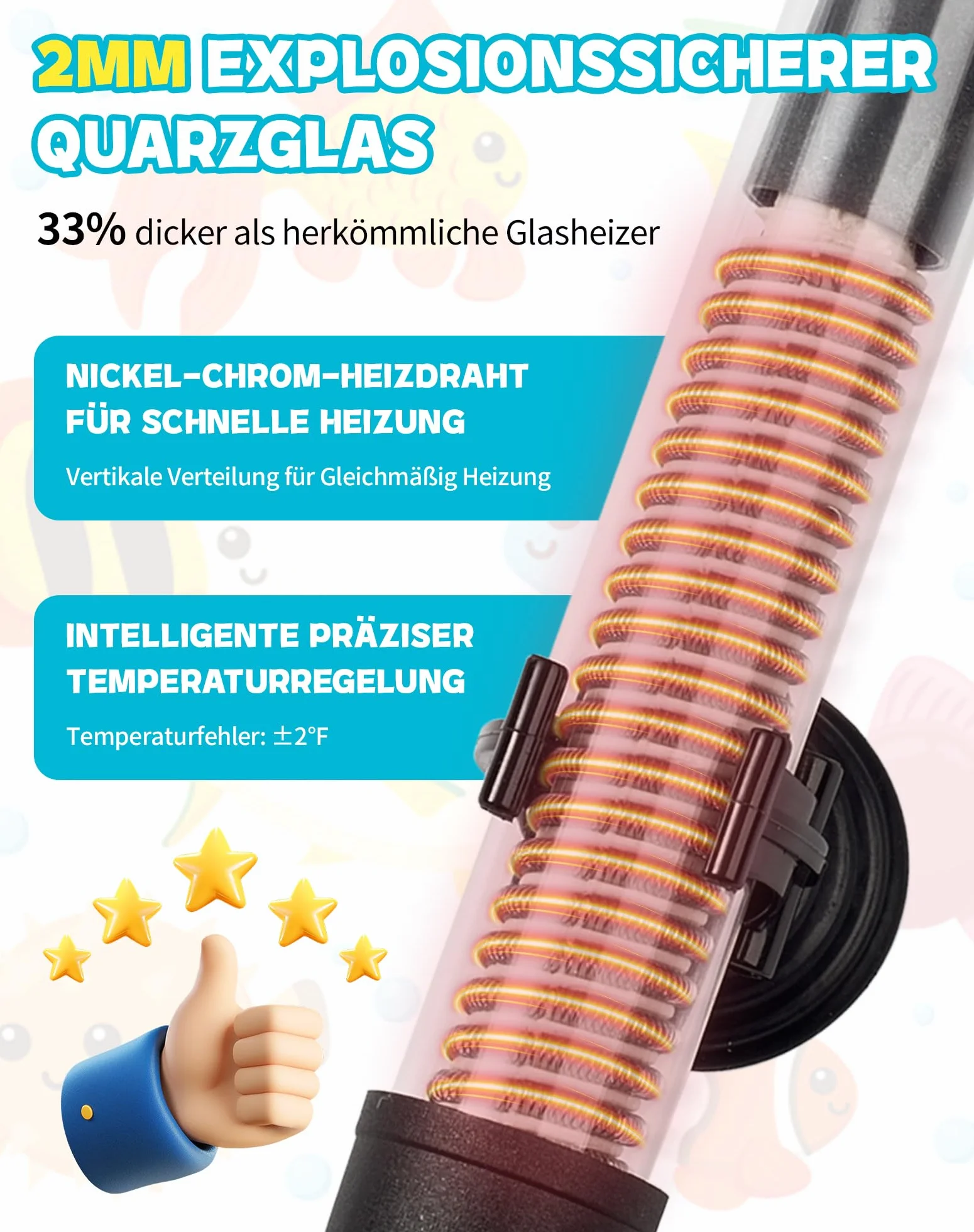 Grzejnik do akwarium, 100 W, do akwariów 60-120 l, grzałka z przyciskiem regulacji temperatury 20-34°C, pogrubione szkło kwarcowe + przyssawki