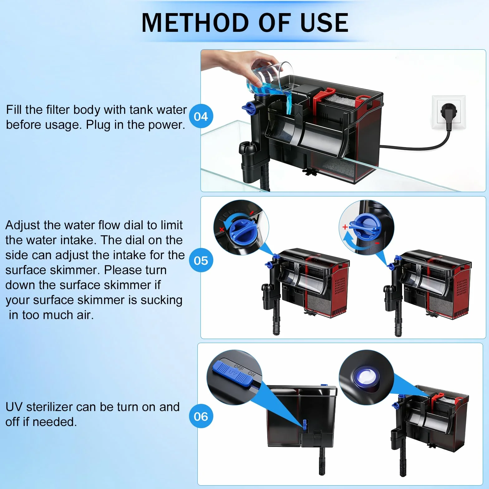 EXLECO Filtr zewnętrzny do akwarium 6W 500 l/h z lampą UV, regulowany filtr wiszący 38-115 l