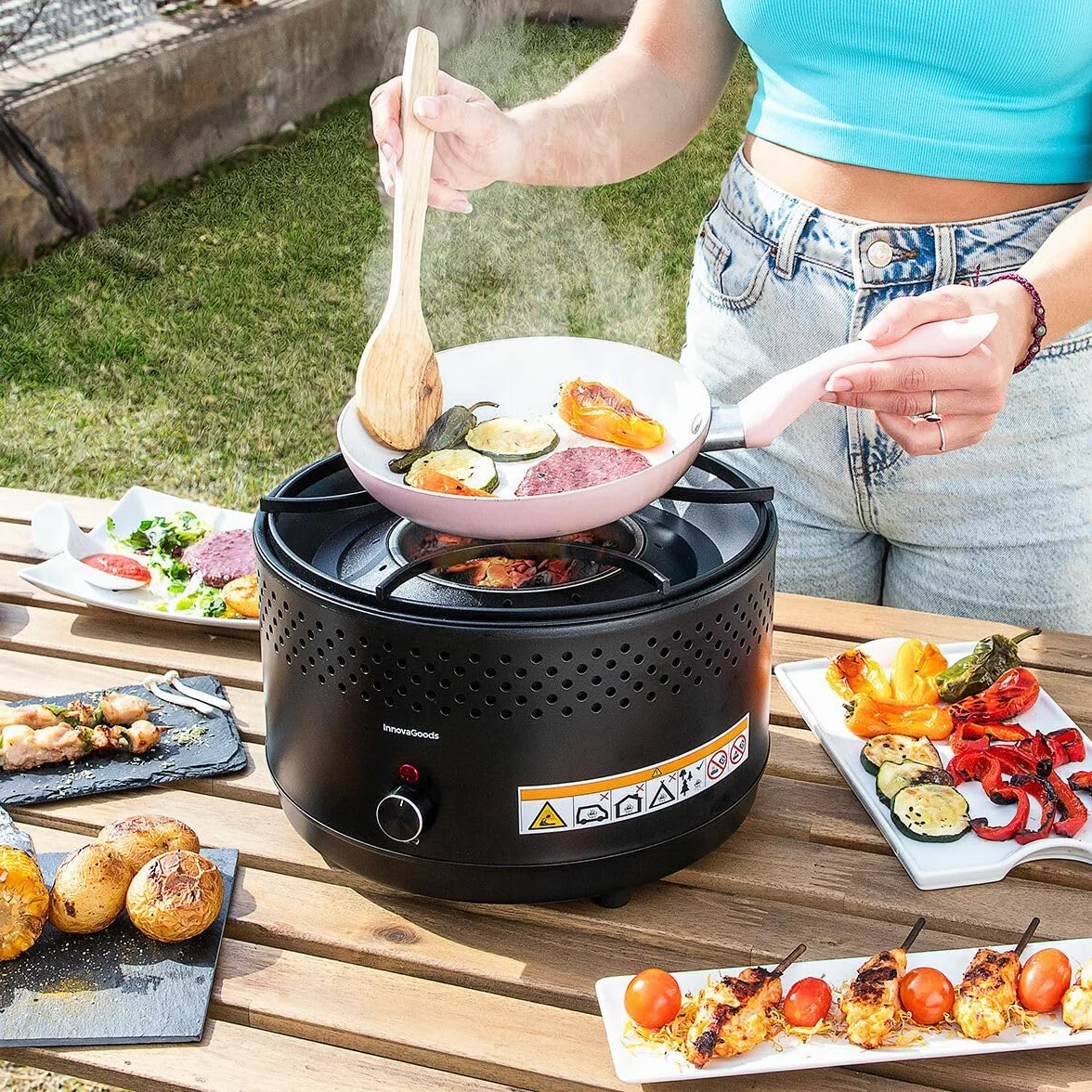 InnovaGoods® Grill stołowy, grill, bezdymny i bezzapachowy grill na węgiel drzewny, przenośny grill do wygodnego gotowania wewnątrz i na zewnątrz, z możliwością podłączenia baterii lub złącza USB-C