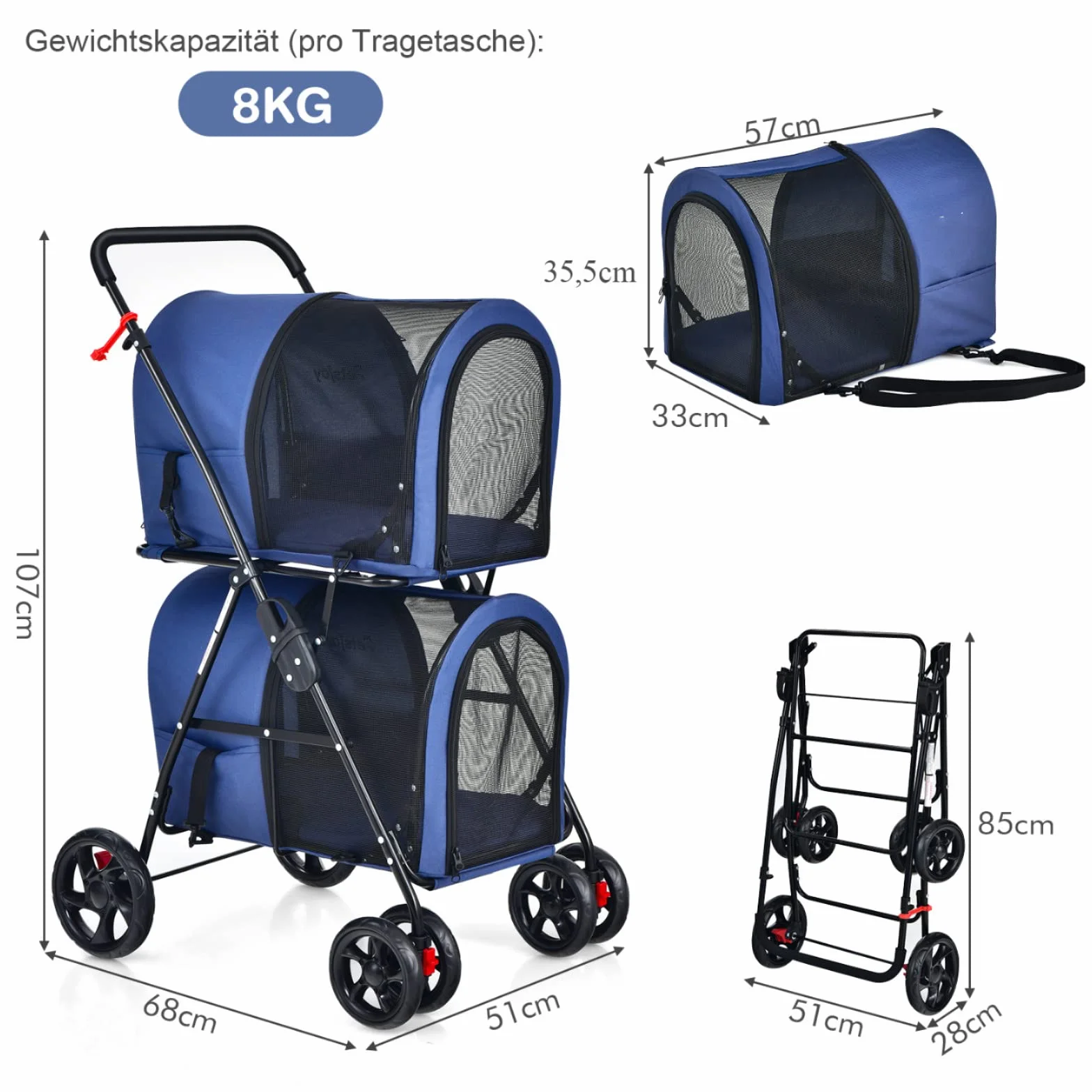COSTWAY 2 piętrowy wózek dla psów domowych, wózek dla zwierząt domowych do 16 kg, wózek dla psów z okienkiem z siatki, uchwytem na napoje i przyczepą, wózek dla 2 małych psów, kotów (niebieski)