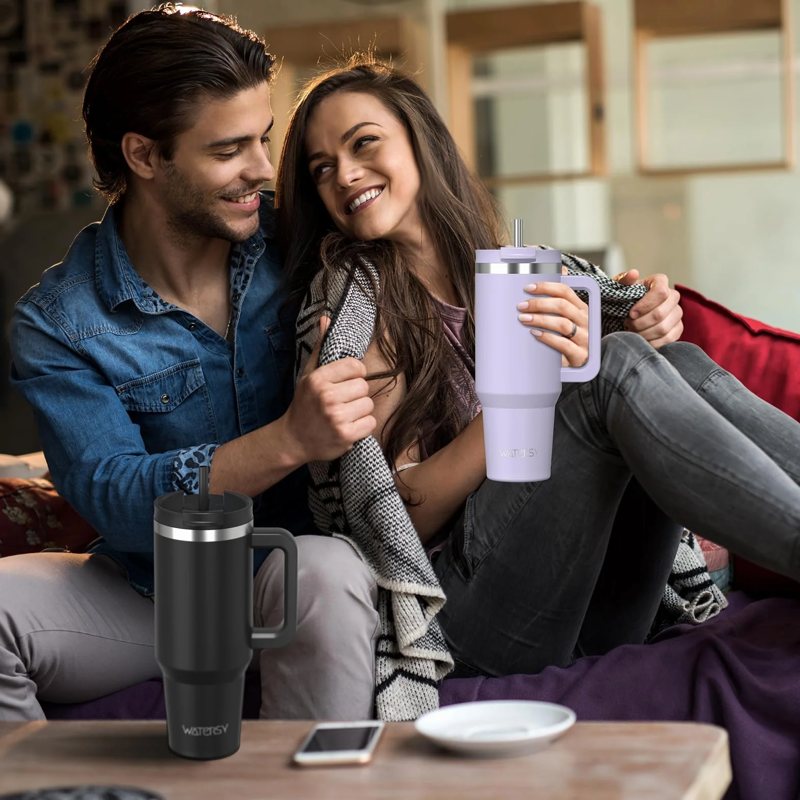 WATERSY Kubek podróżny 850 ml, kubek do kawy z 2 słomkami, pokrywka i uchwyt, stal nierdzewna, podwójna ścianka, izolowana próżniowo, butelka na wodę, termiczna do zimnej gorącej kawy, 891 ml, czarny