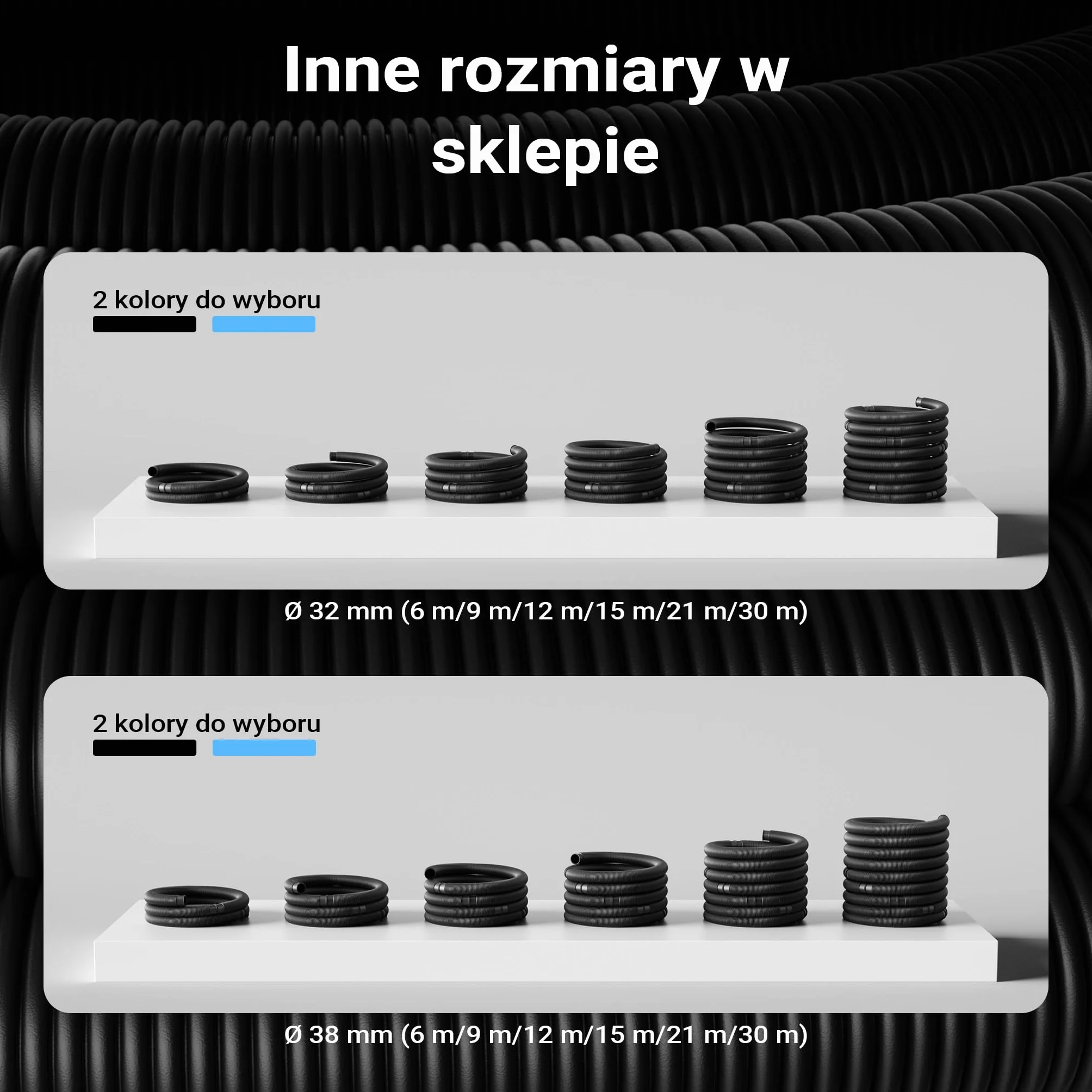 Wiltec Wąż do basenu o długości 9 m, Ø 32 mm czarny wąż ssący do pompy basenowej z mufami, wąż solarny - Made in EU