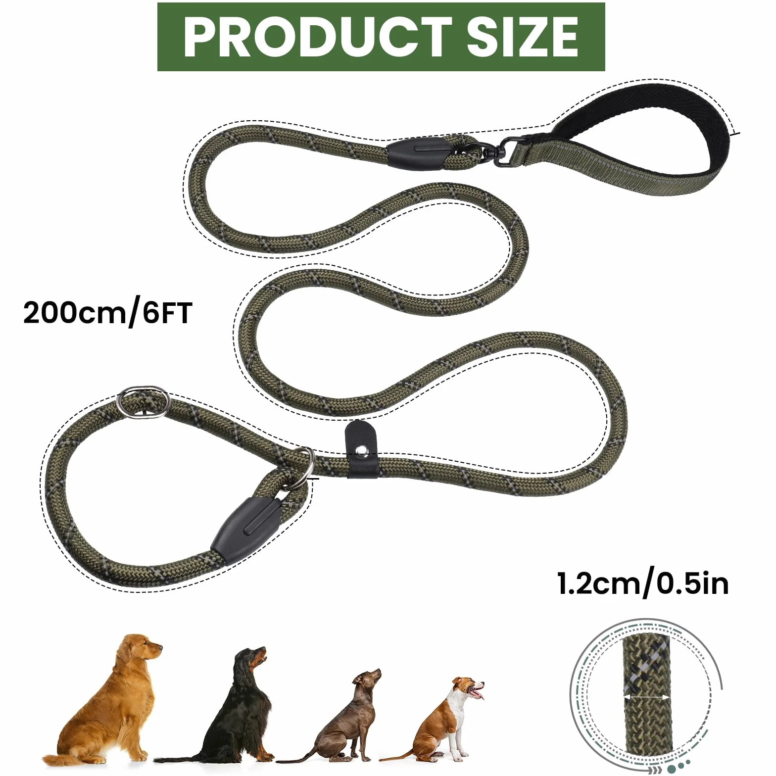Zocipro Smycz retrievera z blokadą ciągu 200 cm, odblaskowa smycz do prowadzenia psa, miękka, wyściełana rączka, średnica 12 mm, dla dużych psów, zielona