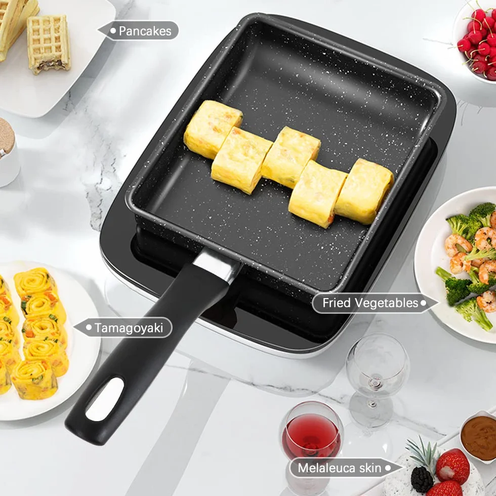 Japońska patelnia do omletów, prostokątna mini patelnia do jajek z szeroką silikonową szpatułką i 2 pierścieniami do jajek sadzonych, nieprzywierająca patelnia Tamagoyaki, kuchnia domowa, przybory