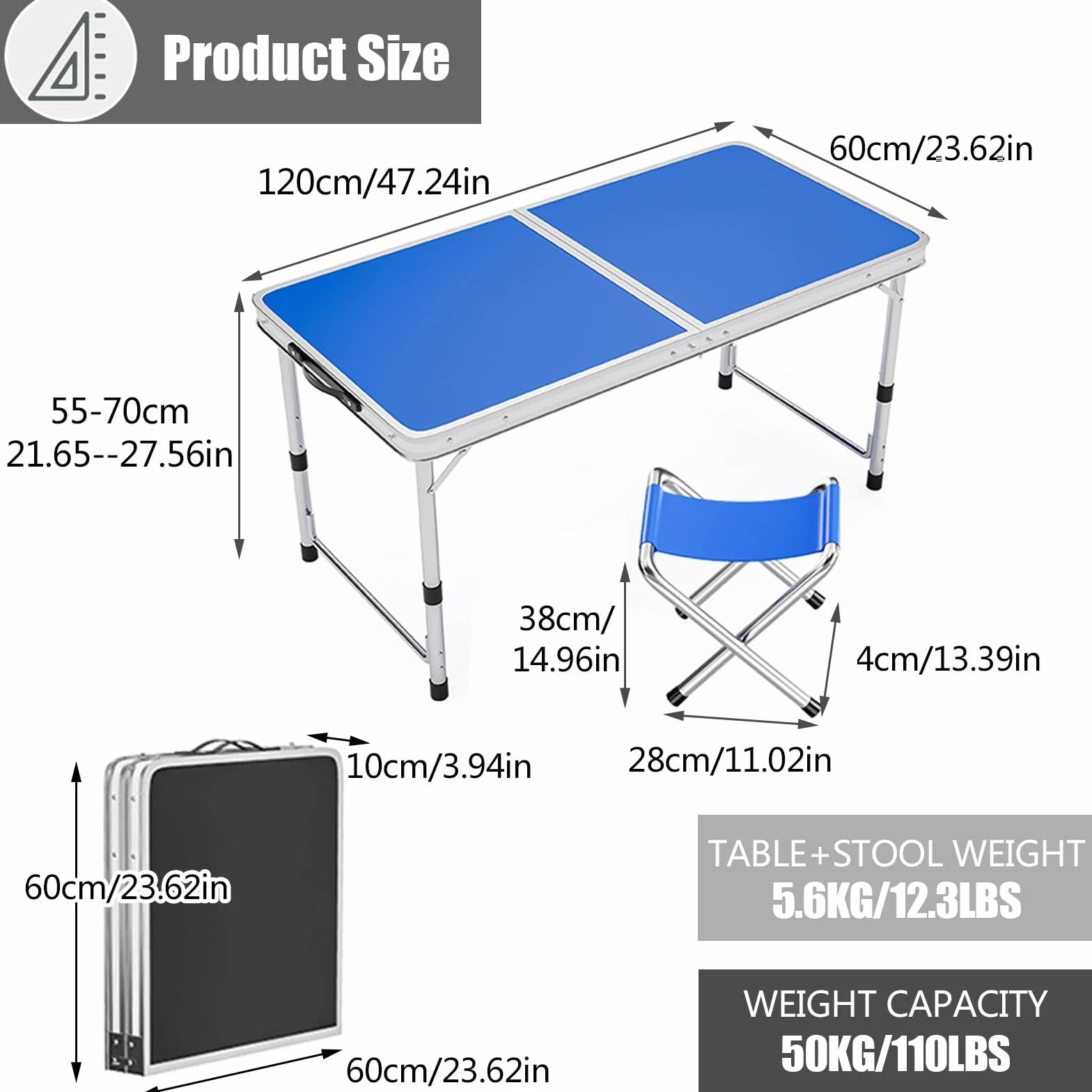 Przenośny aluminiowy składany stół o regulowanej wysokości na zewnątrz kemping piknik ślub biuro przyjęcie - zawiera 2 taborety (120 x 60 cm szary)