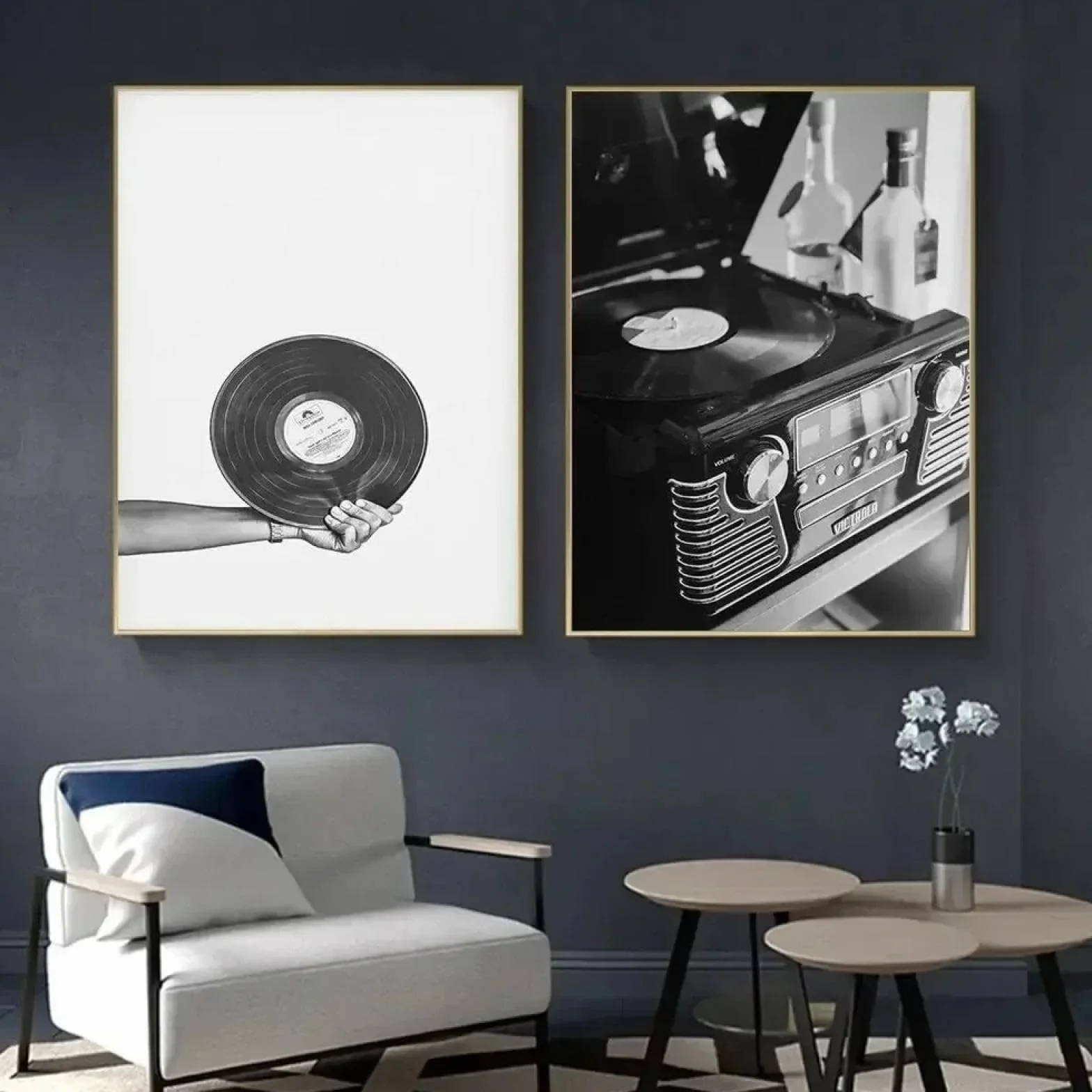 Retro gitara płyta winylowa plakat czarno-biały muzyczny wydruki ścienne obraz na płótnie obraz nordycki wystrój domu 60x90cmx2 bez ramki