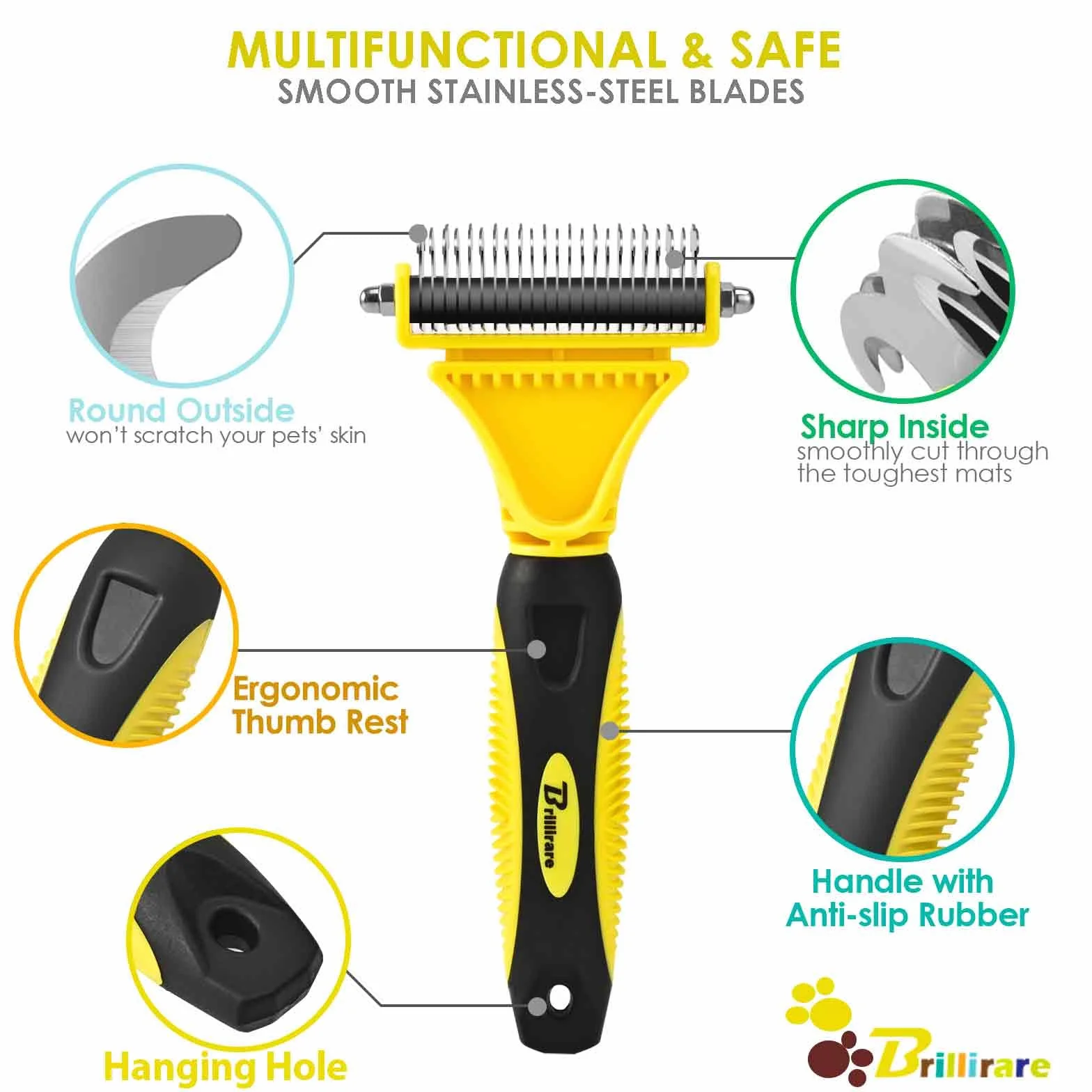 BRILLIARE Pet Grooming Dematting Brush & Stainless-Steel Comb, 2 Sided Undercoat Rake for Cat Dog Deshedding