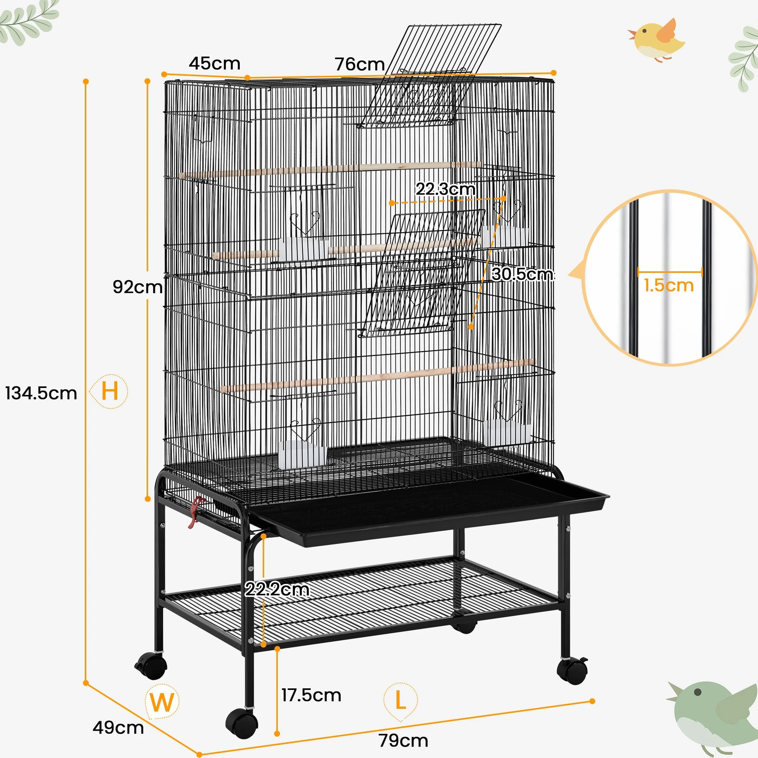 Yaheetech Klatka dla ptaków duża 79x49x134,5 cm woliera z 3 drążkami 6 drzwiami 4 miski na karmę wannę
