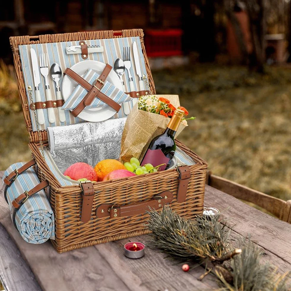 HappyPicnic Wiklinowy kosz piknikowy dla 4 osób, Willow Storage Hamper, zestaw upominkowy na kemping i imprezę na świeżym powietrzu (rozmiar M dla 2 osób)