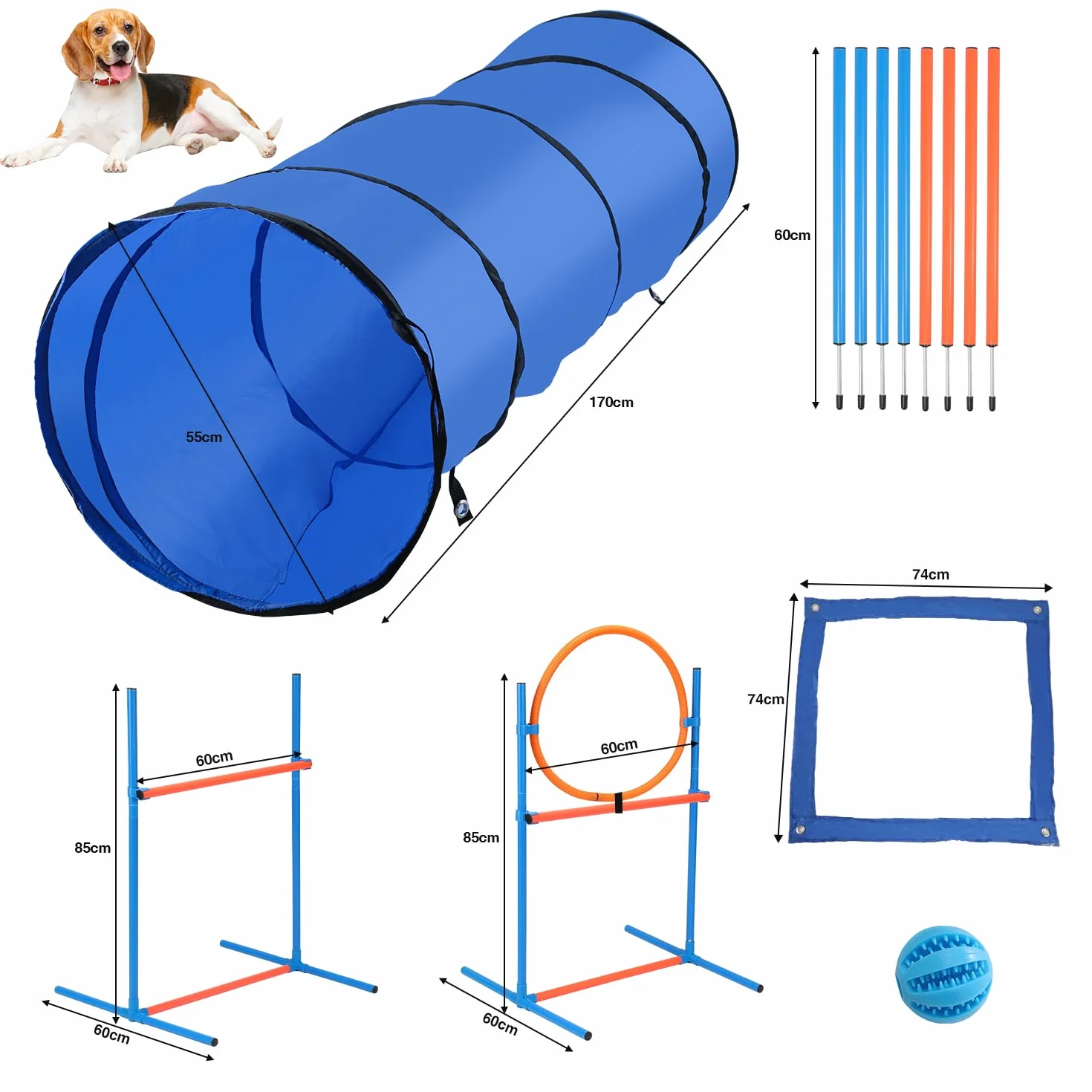 Herrselsam Agility zestaw sprzętu dla psów, zestaw sprzętu zwinnościowego dla psów, akcesoria do treningu psa, przeszkoda, pierścień do skakania, tunel dla psa, 8 drążków slalomowych, piłka, fajka,