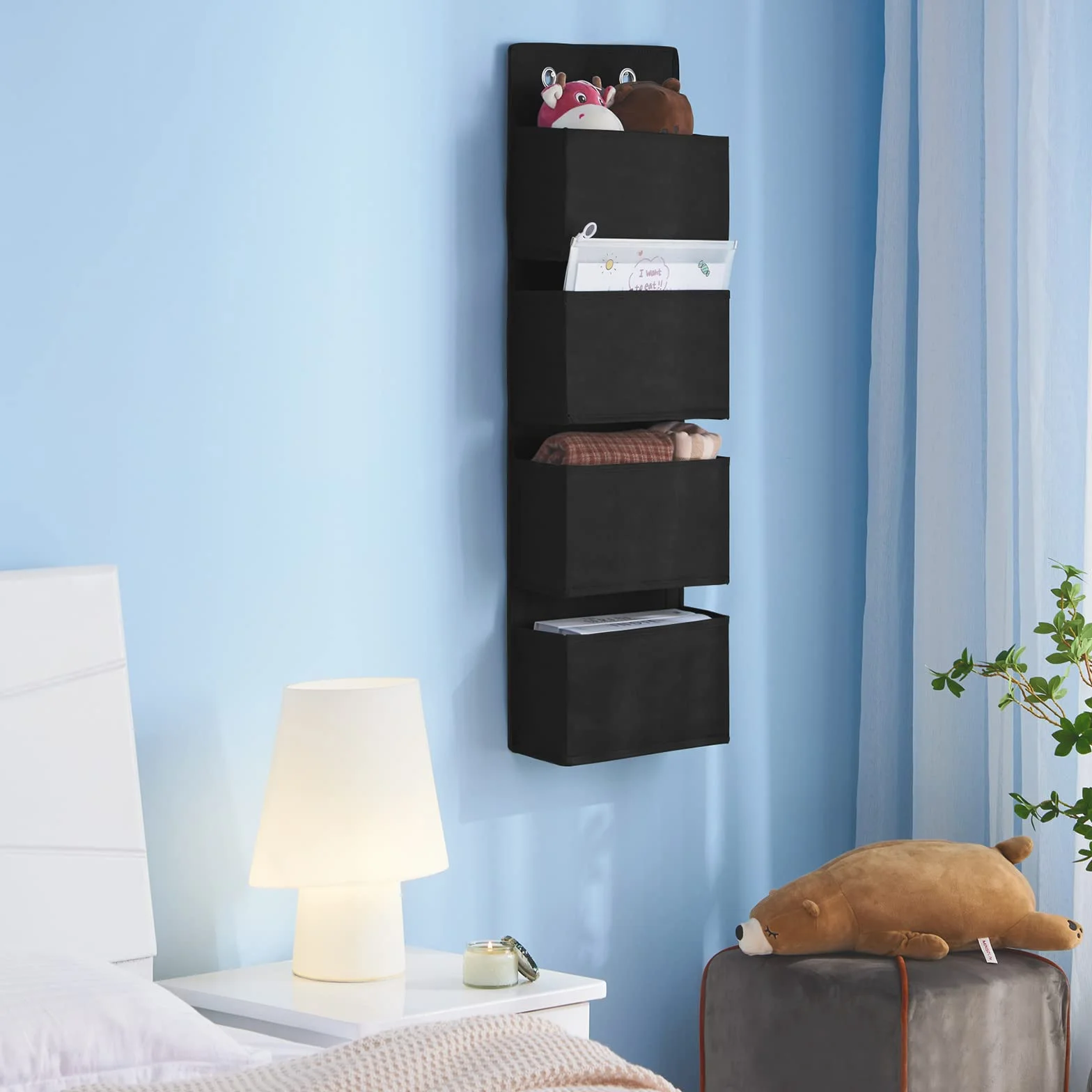 YOUDENOVA Wiszący organizer na drzwi, organizer wiszący z 4 kieszeniami i 2 metalowymi haczykami, regał wiszący, stabilny organizer na ubrania, do łazienki, sypialni, pokoju dziecięcego, czarny