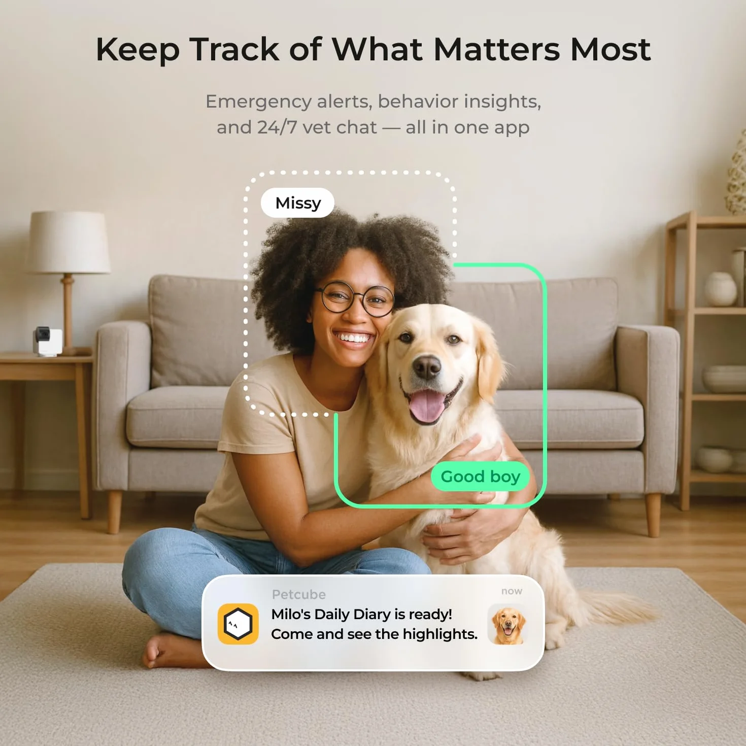 Petcube Kamera Cam 360, interaktywna kamera WiFi bezpieczeństwo zwierząt domowych i domowych z aplikacją na telefon, wideo HD 1080p, obrót 360°, noktowizor, dwukierunkowe audio, inteligentne alerty do