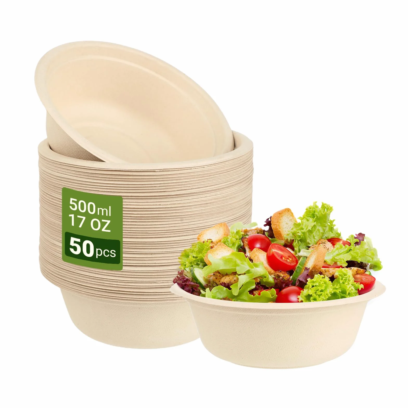 50 Sztuk Jednorazowych Naczyń - Miska Na Zupę, 500 ml / 17 oz, Wykonana Z Wysokiej Jakości Trzciny Cukrowej I Włókna Pszennego, Biodegradowalne, Odporne Na Chłodzenie I Podgrzewanie