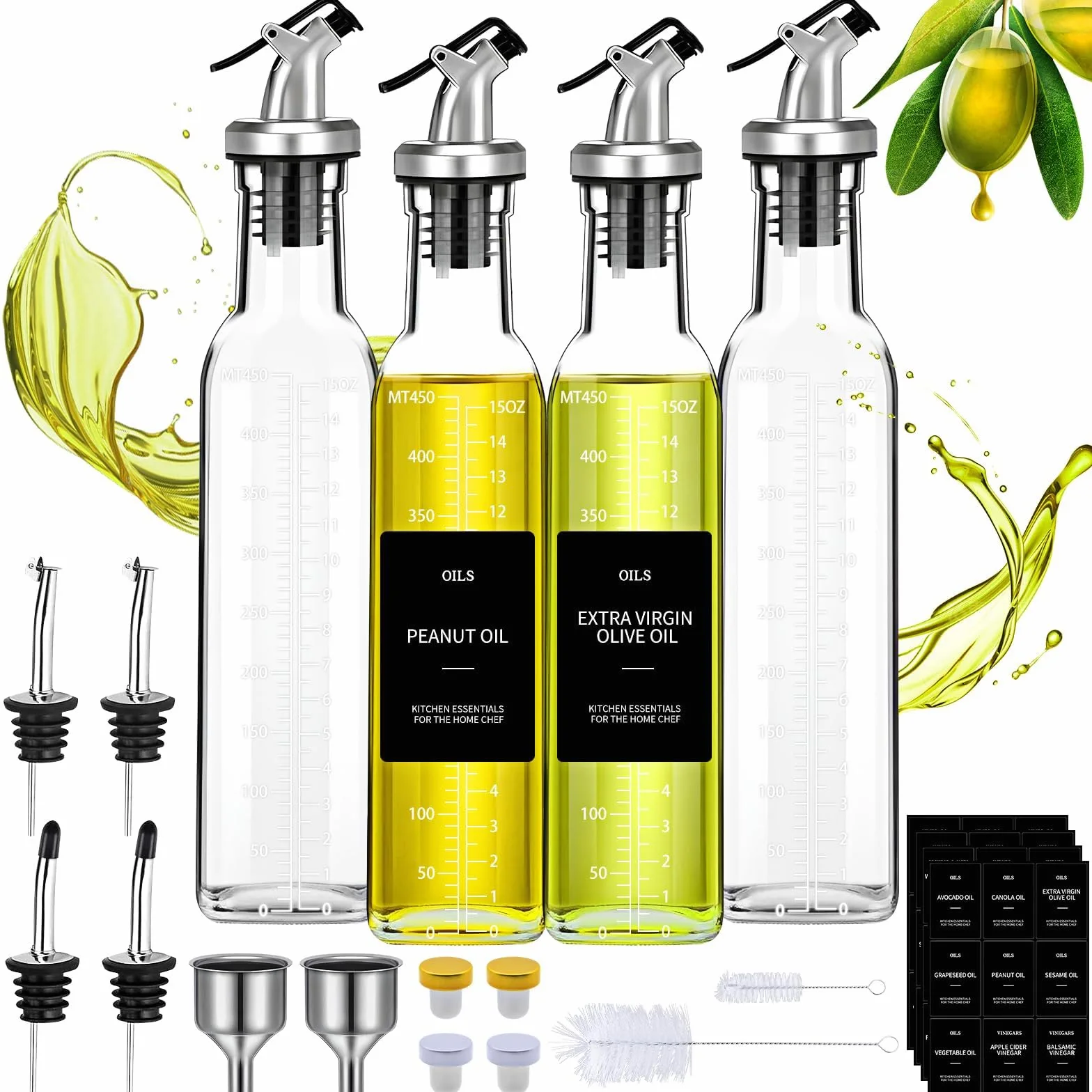 4-Częściowy Zestaw Butelek Na Ocet I Oliwę,Butelka Oliwy Z Oliwek 500 ML,Dozownik Octu I Oliwy Z Lejkiem,Nasadka Antyzabrudzeniowa,Etykieta,Butelki Na Olej Odpowiednie Do Kuchni