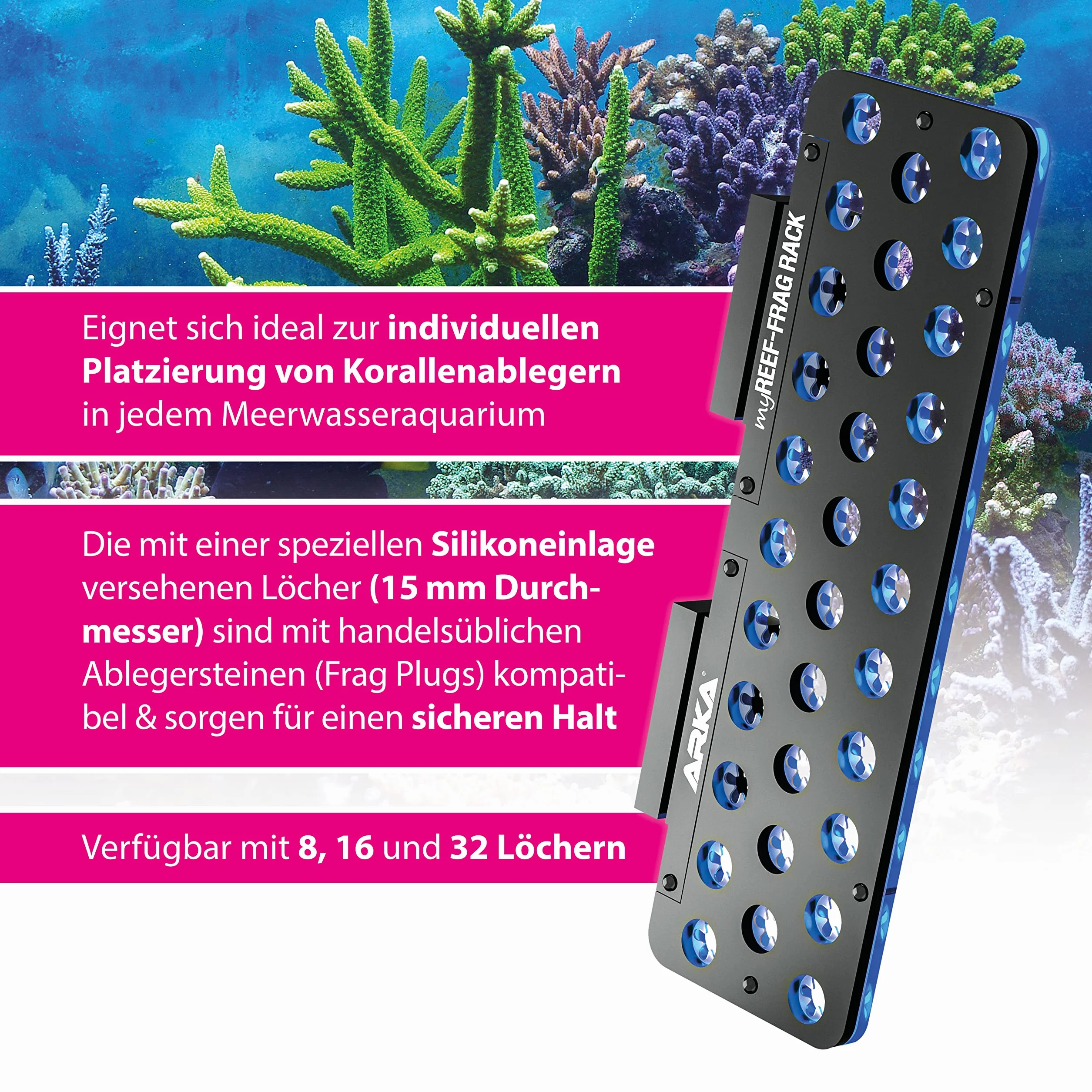 ARKA myREEF®-FRAG Rack | 8 otworów | Uchwyt na korale do każdego akwarium morskiego | Do szkła o grubości do 12 mm | Średnica otworu ok. 15 mm | Bezpieczniki silikonowe