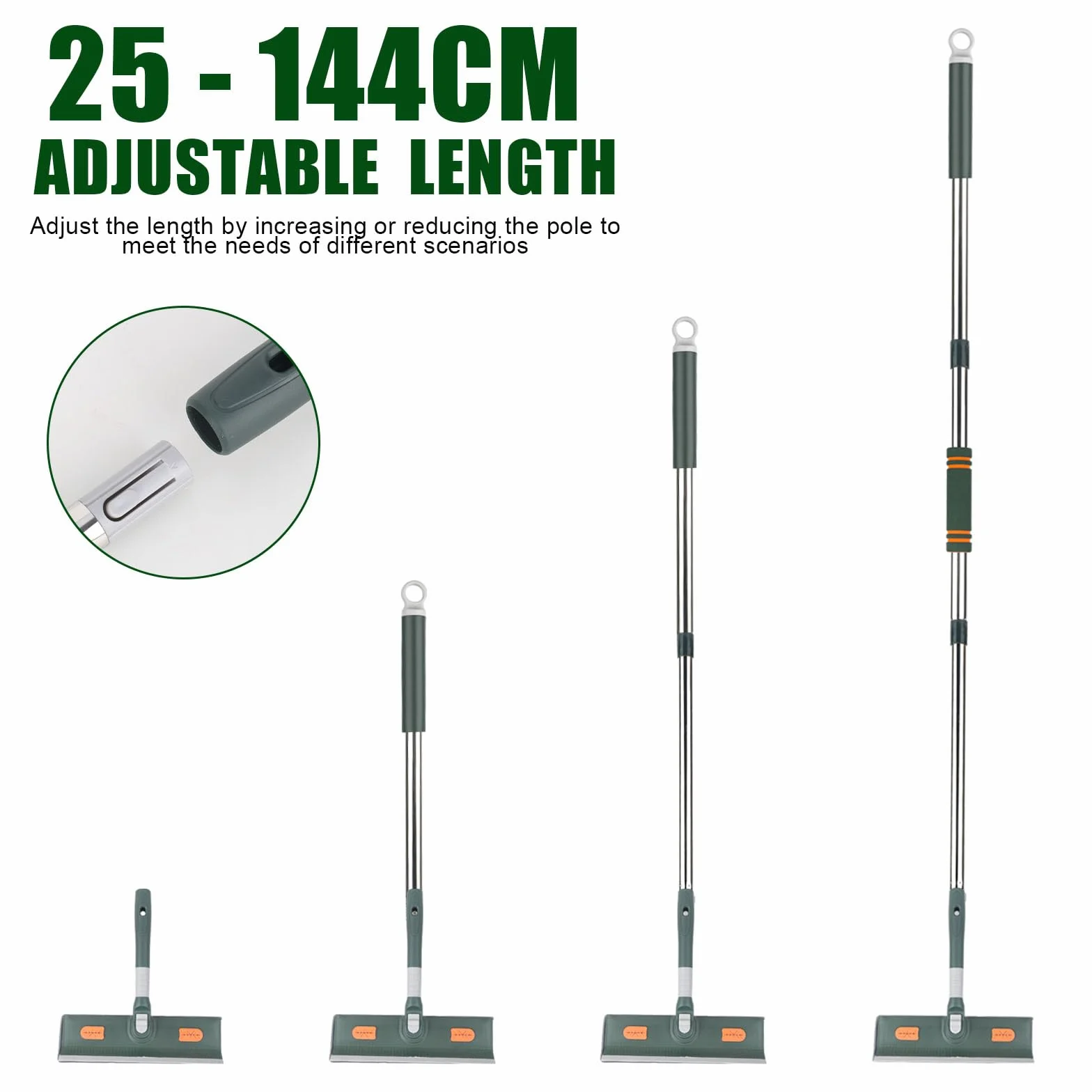 myjka do okien z drążkiem teleskopowym, 144 cm, drążek teleskopowy 2 w 1, długa myjka do okien z gumową krawędzią i 3 wkładkami z mikrofibry do wysokich okien, wewnątrz i na zewnątrz