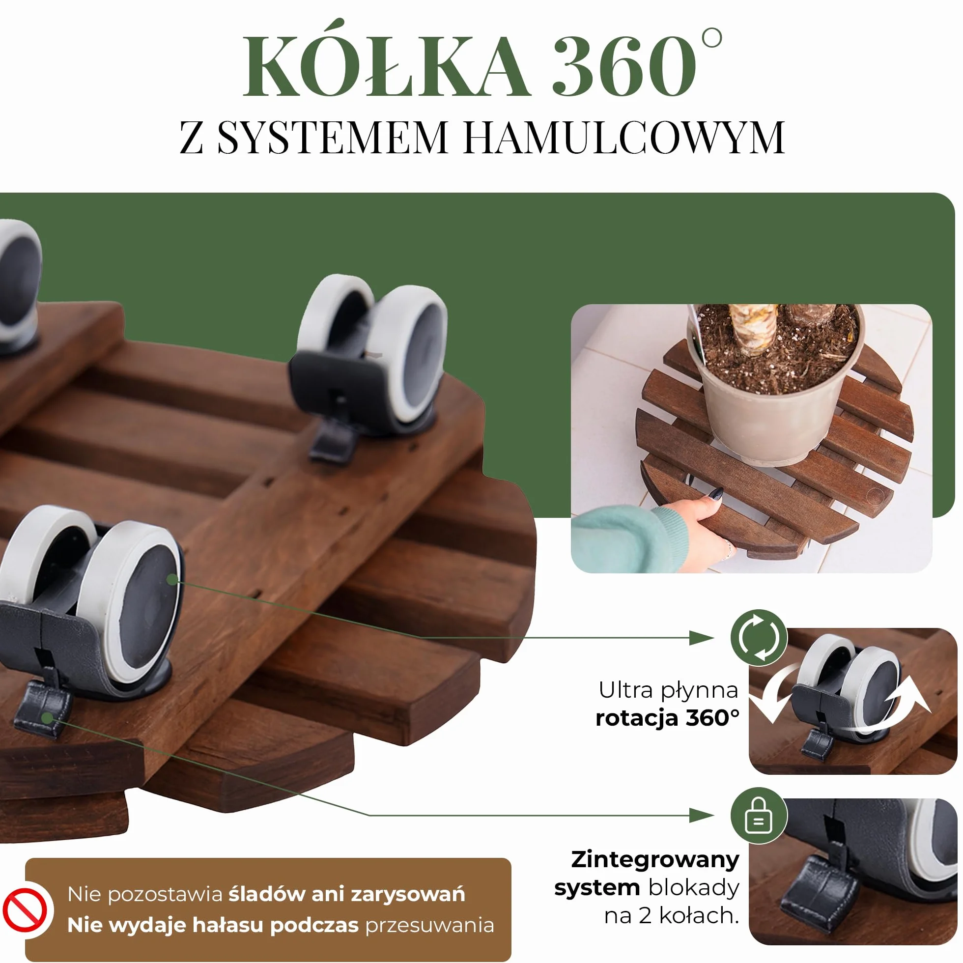 Podstawka pod Doniczkę na Kółkach | Zestaw 2, Ø 30 cm, Listwy z Drewna Olchowego FSC o Grubości 15,5 mm, do 100 kg, Ciche Kółka 360° z Hamulcem, do Wnętrz i na Zewnątrz, Powłoka Odporna na UV i Wilgoć
