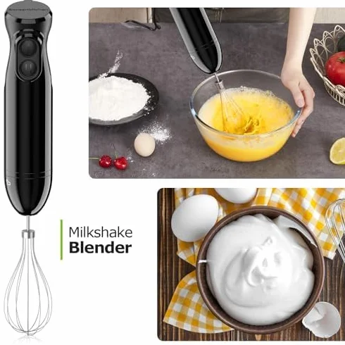Bonsenkitchen Elektryczny blender ręczny 3 w 1, 1000 W, z miarką i trzepaczką, bezstopniowa regulacja prędkości do koktajli mlecznych, puree, sosów, HB3202 (czarny)