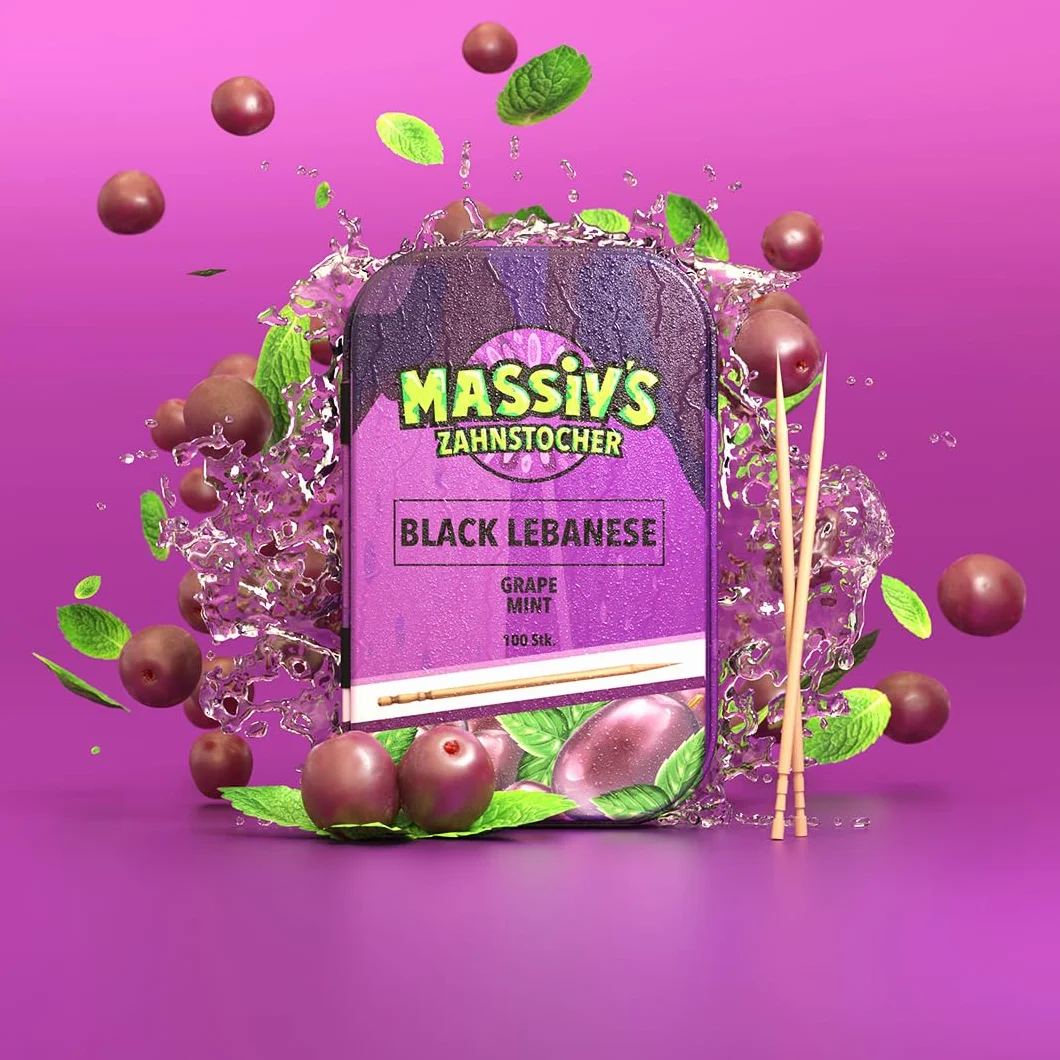 Massiv’s Toothpicks – Smakowe wykałaczki – BLACK LEBANESE Grape Mint – 100 smakowych wykałaczek – Świeży oddech – Stylowa metalowa puszka – Wegańskie, bez cukru, bez kalorii