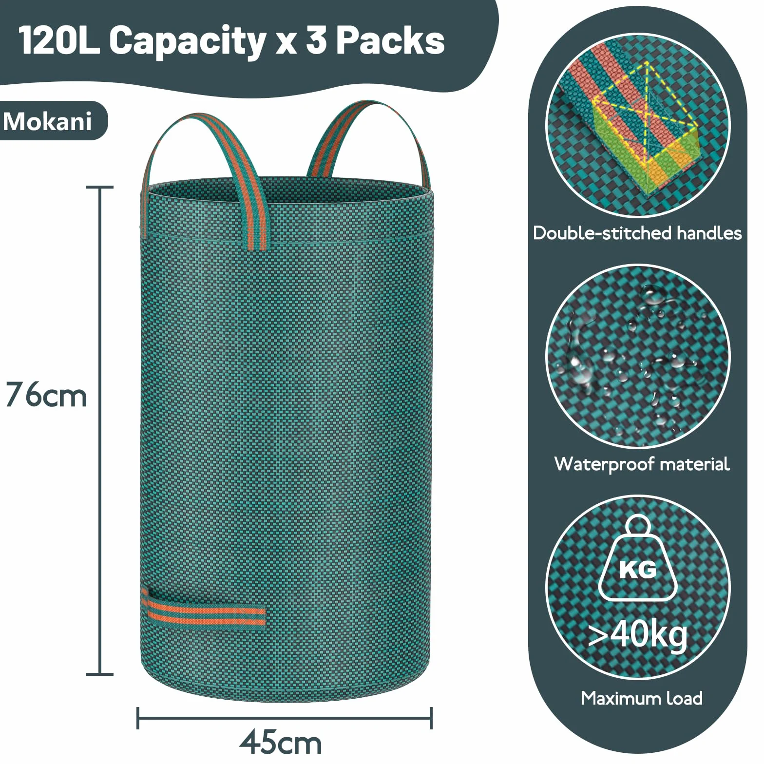 Mokani Worki na odpady ogrodowe, wytrzymałe, z uchwytami, 120 l x 3 worki ogrodowe wielokrotnego użytku, składane, kempingowe, do recyklingu, na liście, śmieci, gruz, ogrodowe worki na śmieci