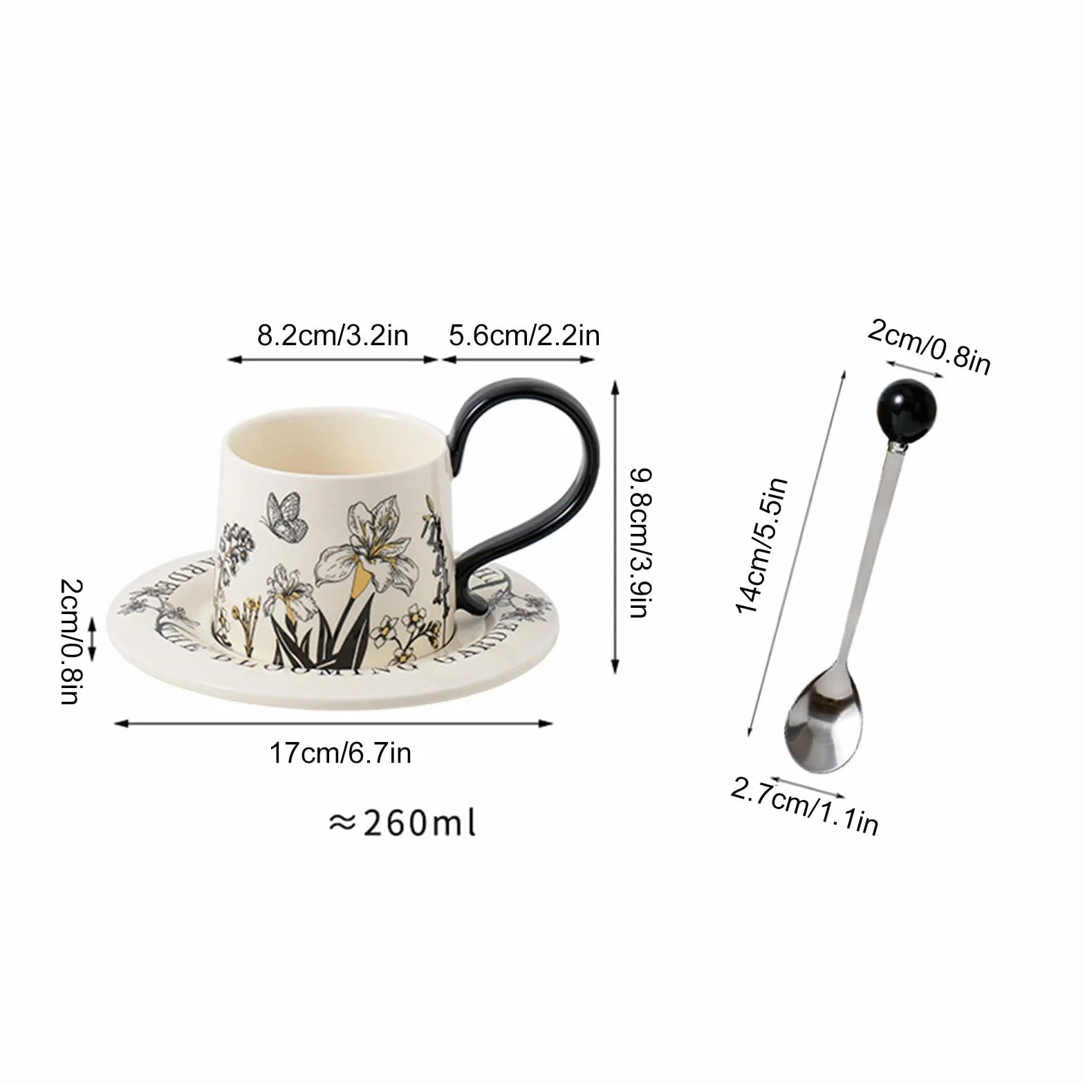 Zestaw Filiżanek Zestaw Naczynia do Picia 260 ml ze Spodkami i Łyżeczkami | Ceramiczny Kubek do Herbaty i Kawy Do Cappuccino Mleka Soku Piwa Do Kuchni Kawiarni Restauracji Domu Na Urodziny I Boże