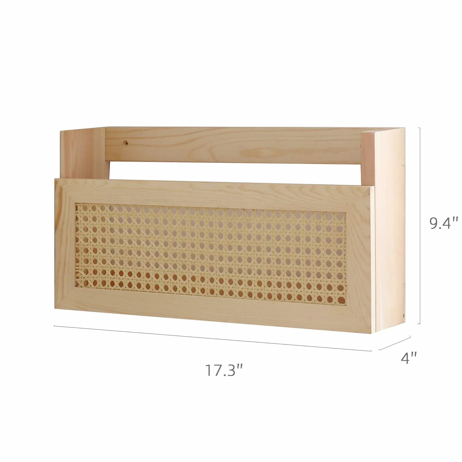 FIRADE Drewniany stojak ścienny na czasopisma z kratką rattanową PE, wymiary 44 x 10 x 24 cm, uchwyt na dokumenty do przedpokoju, salonu, poczekalni, pokoju dziecięcego, biura