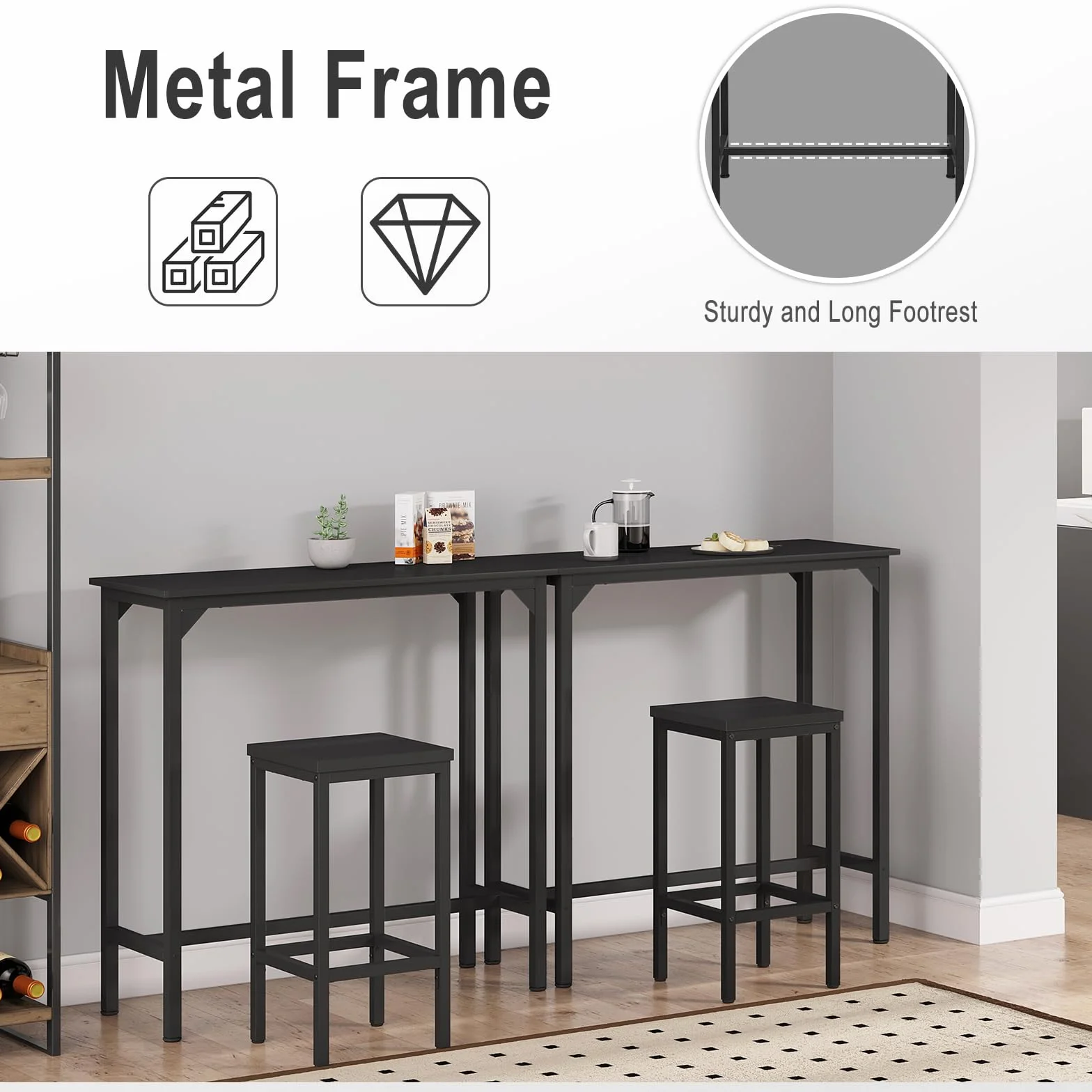EUGAD Stół barowy 100 x 40 x 100 cm, wąski stolik stojący z metalu i drewna, wysoki stół kuchenny, stół wysoki, do kuchni, baru, bistro