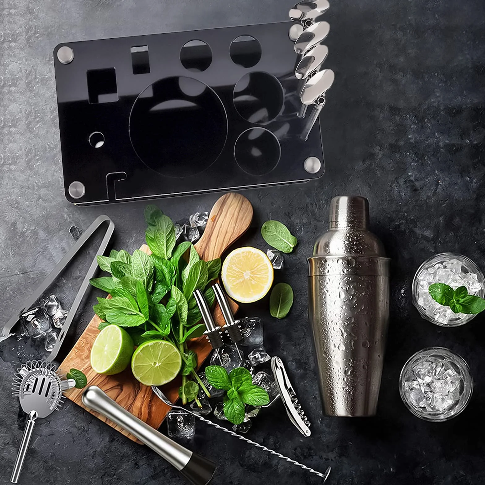Shaker Cocktail Set 750 ml, 17 sztuk Barman zestaw ze stali nierdzewnej, profesjonalny kompletny zestaw Barman, zestaw narzędzi do baru z kryształową półką, przepis, do domu, baru i na imprezy