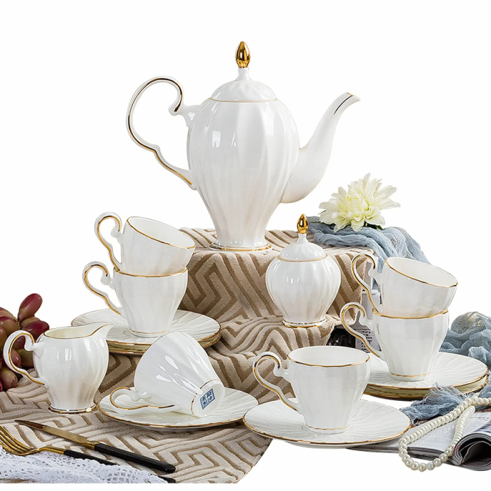 zestaw do herbaty Zestaw do herbaty dla dorosłych Porcelana Kawa Herbata Zestawy upominkowe Filiżanki i dla 6 osób z ceramicznym czajnikiem i cukiernicą