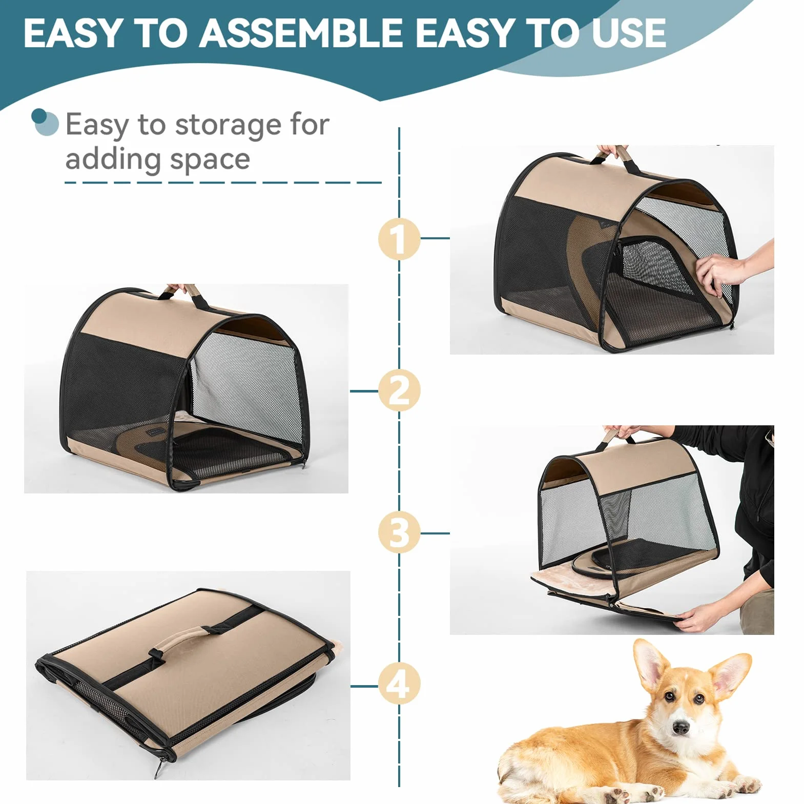 Petsfit Składany Transporter dla Psów do Samochodu 65 x 49 x 50 cm Khaki