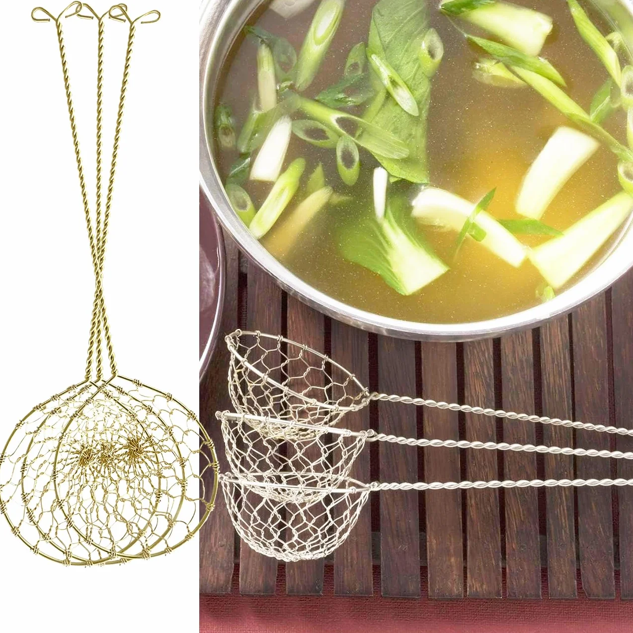 Sitko kuchenne ze stali nierdzewnej, 6 sztuk, z uchwytami, sitko kuchenne do fondue, sitko ze stali nierdzewnej, średnica 6,3 cm, dł. 23 cm (srebrne)