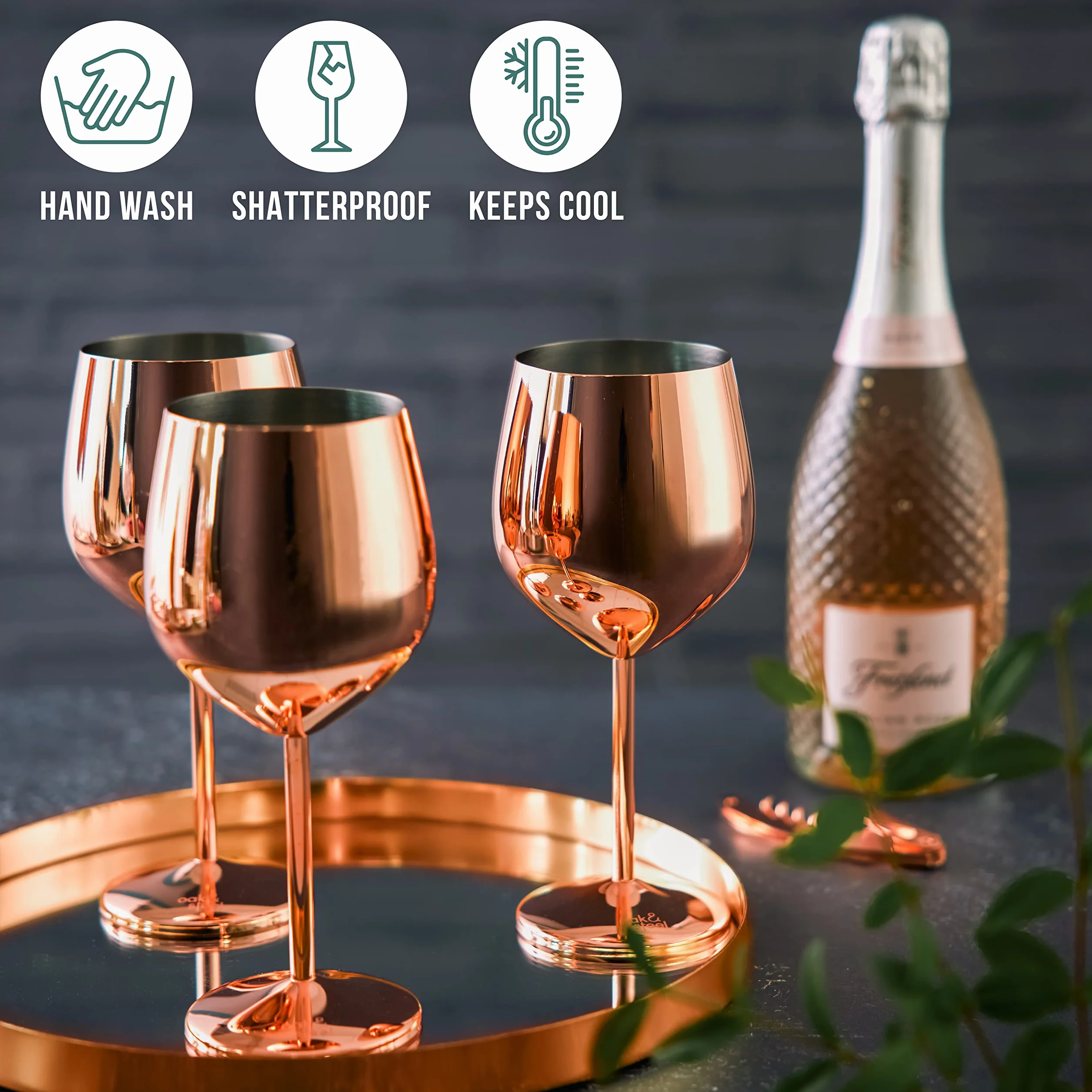 Oak & Steel - 4 eleganckie kieliszki do wina ze stali nierdzewnej, miedziane, różowe złoto, 520 ml, zestaw upominkowy, do domowego baru, na wesela, rocznicę, przyjęcie urodzinowe