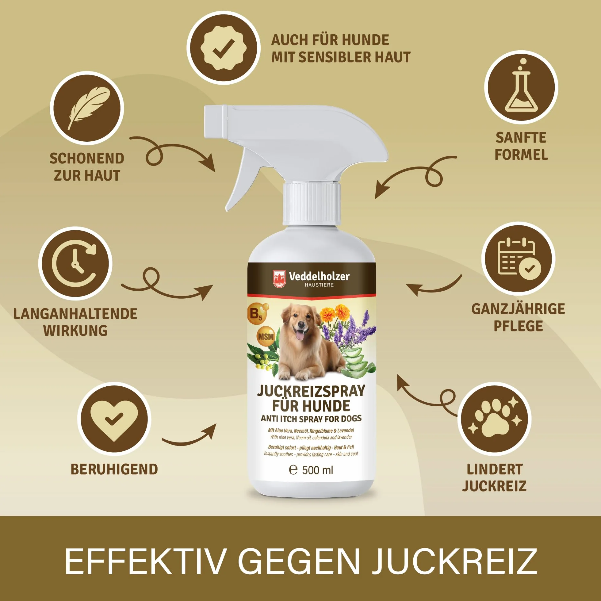 Veddelholzer 500 ml spray na swędzenie dla psów, kojący spray pielęgnacyjny z nano-srebrem, aloesem i nagietkiem
