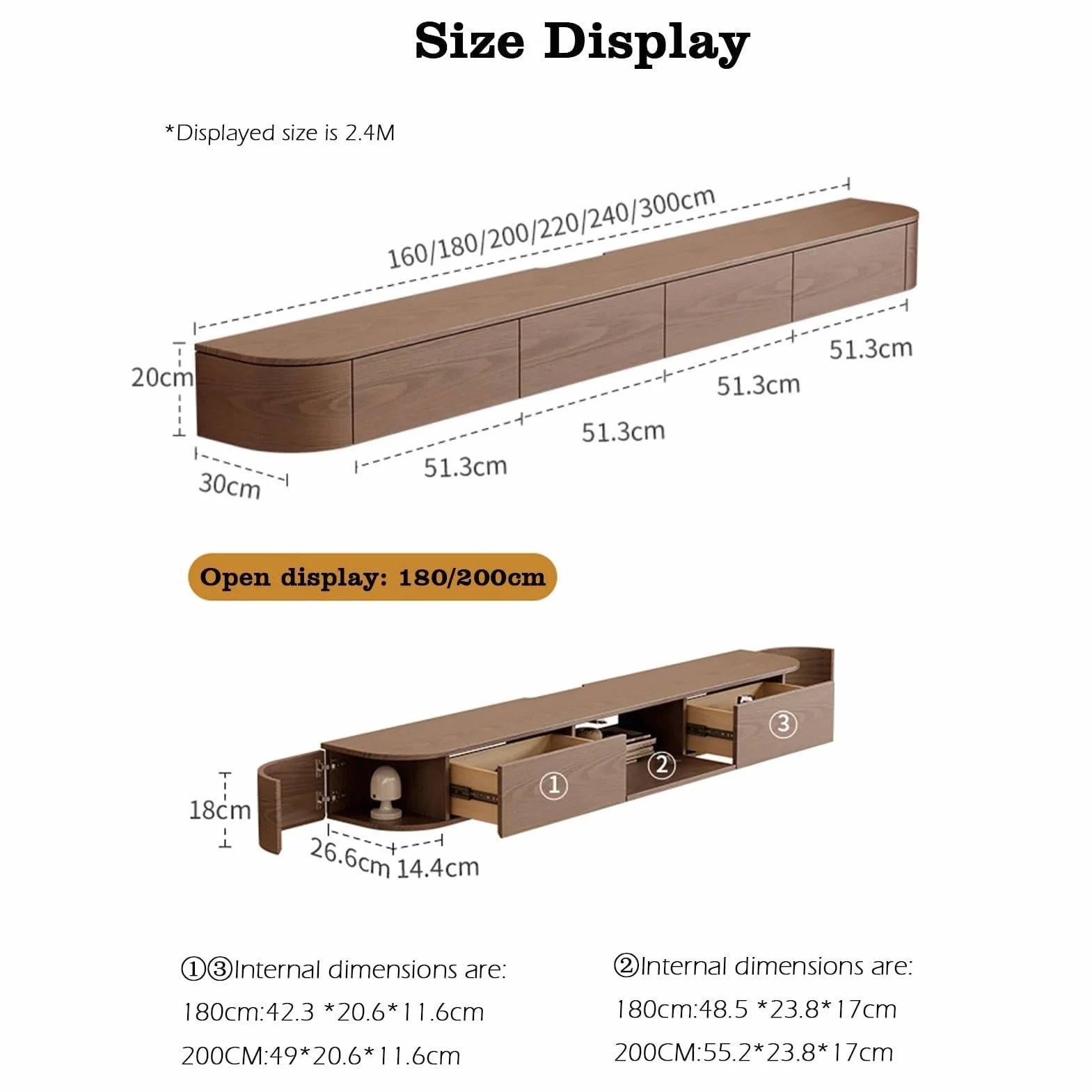 Generisch Wisząca podstawka pod telewizor LED, montowana na ścianie konsola medialna, lite drewno z 2 szufladami, duża przestrzeń do przechowywania do salonu, nowoczesny design (czarny, 200 cm)